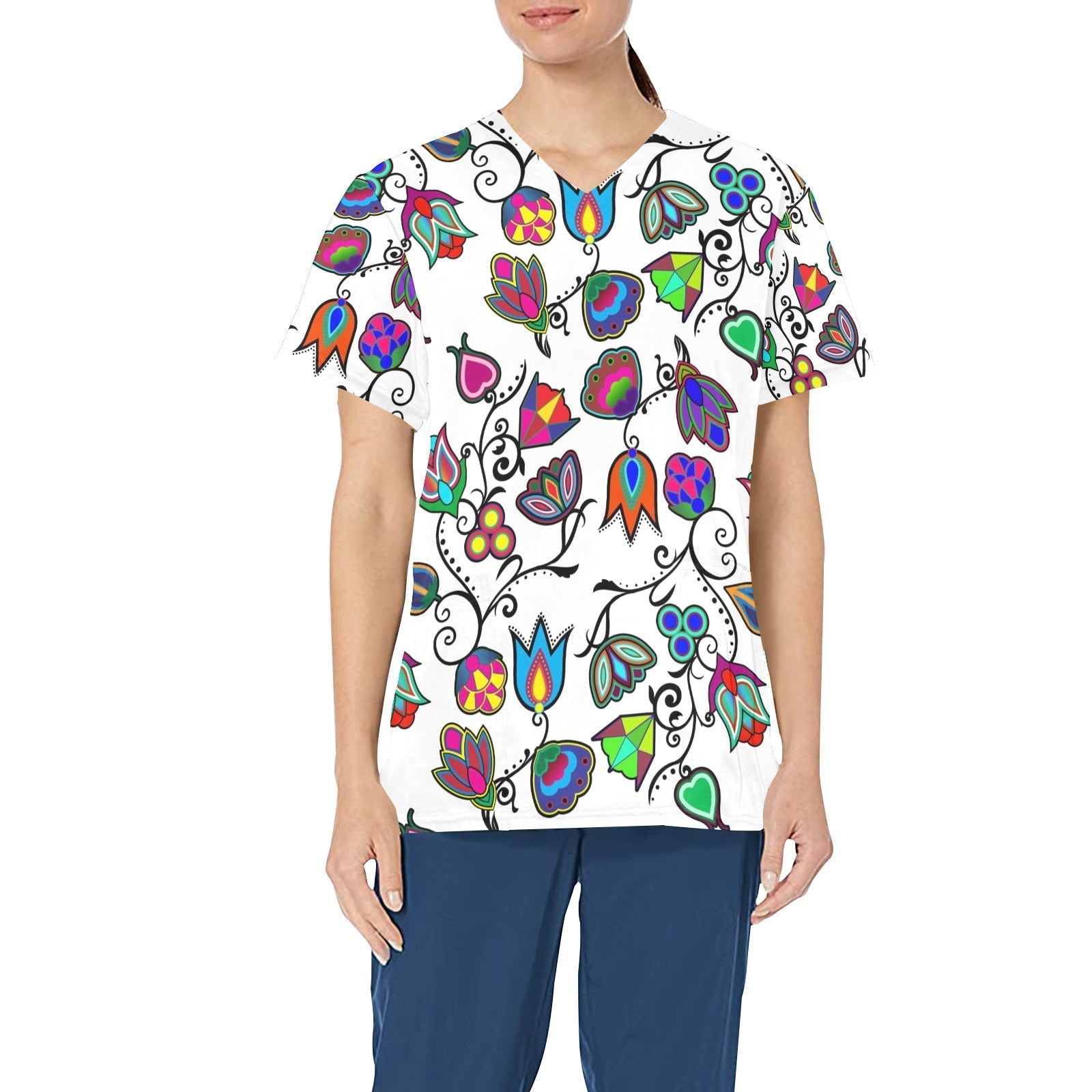 Indigenous Paisley White All Over Print Scrub Top Scrub Top e-joyer
