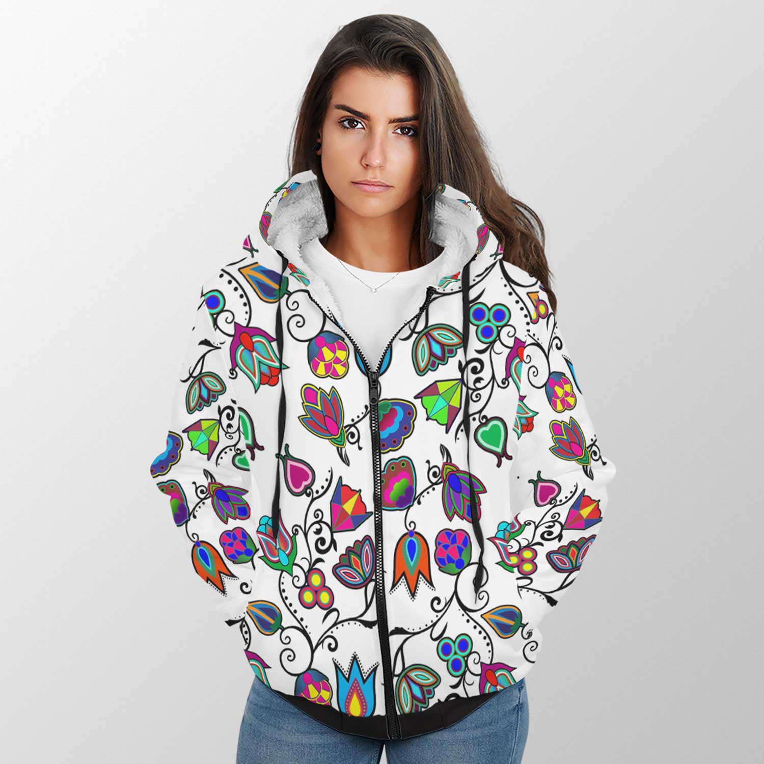 Indigenous Paisley White Sherpa Hoodie 49 Dzine