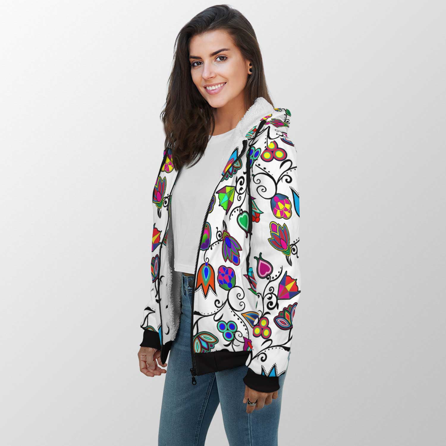 Indigenous Paisley White Sherpa Hoodie 49 Dzine