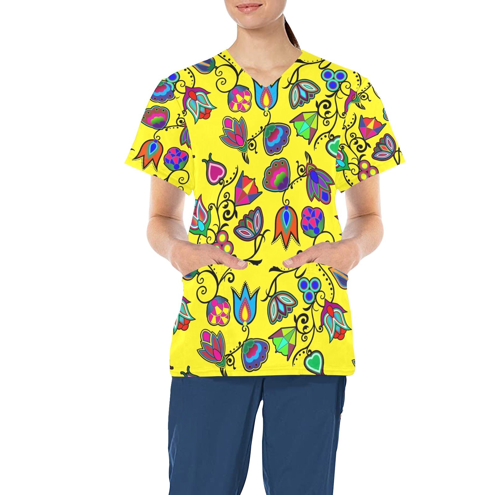 Indigenous Paisley Yellow All Over Print Scrub Top Scrub Top e-joyer