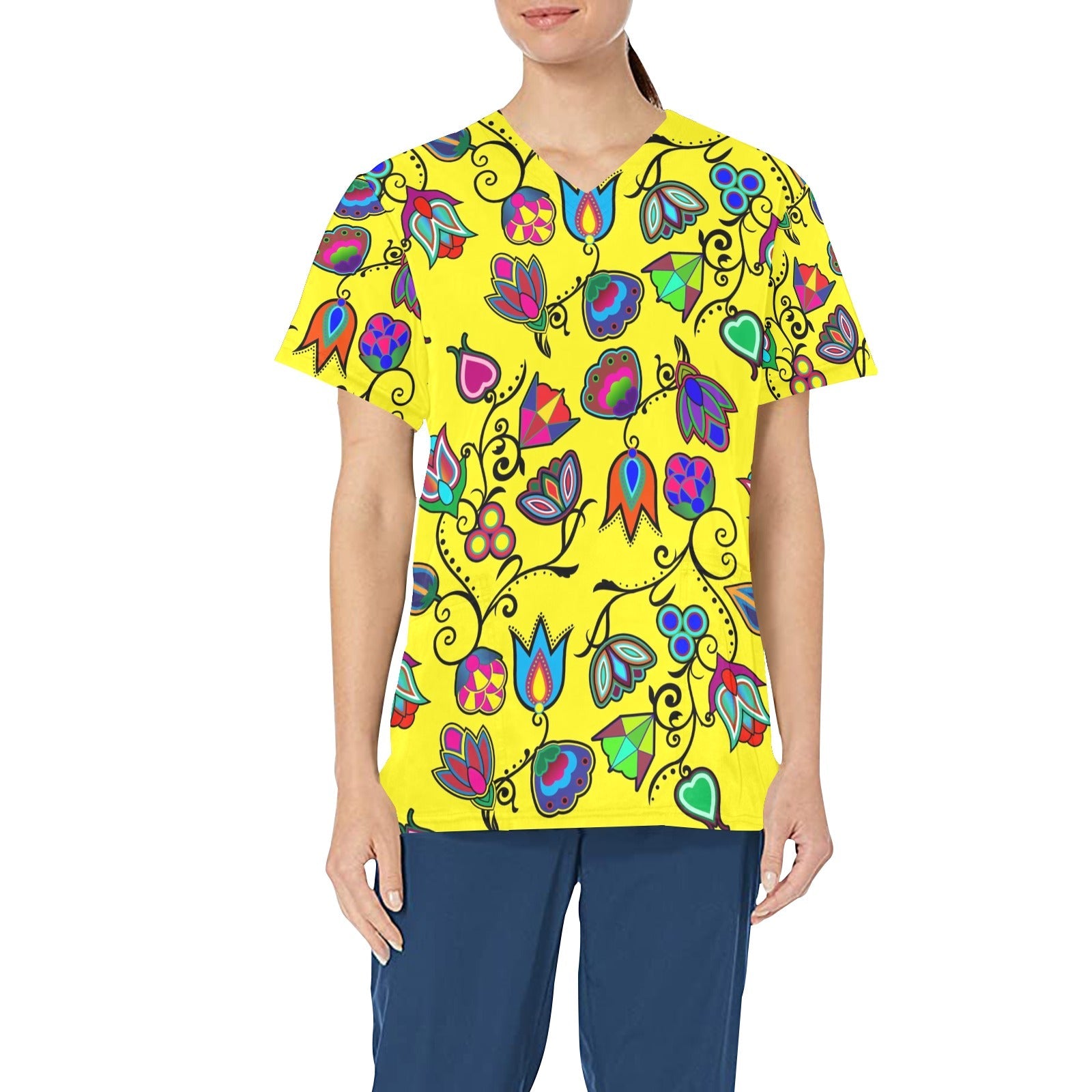 Indigenous Paisley Yellow All Over Print Scrub Top Scrub Top e-joyer