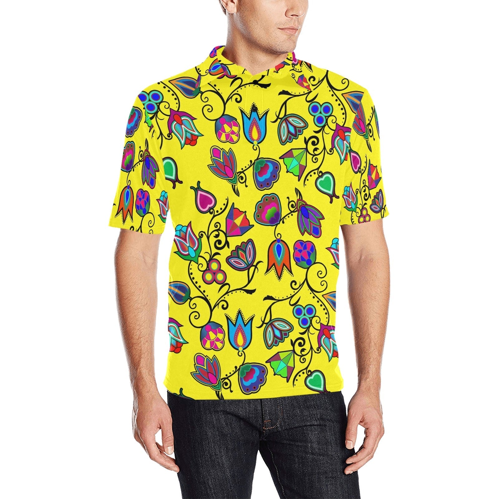 Indigenous Paisley Yellow Men's All Over Print Polo Shirt (Model T55) Men's Polo Shirt (Model T55) e-joyer