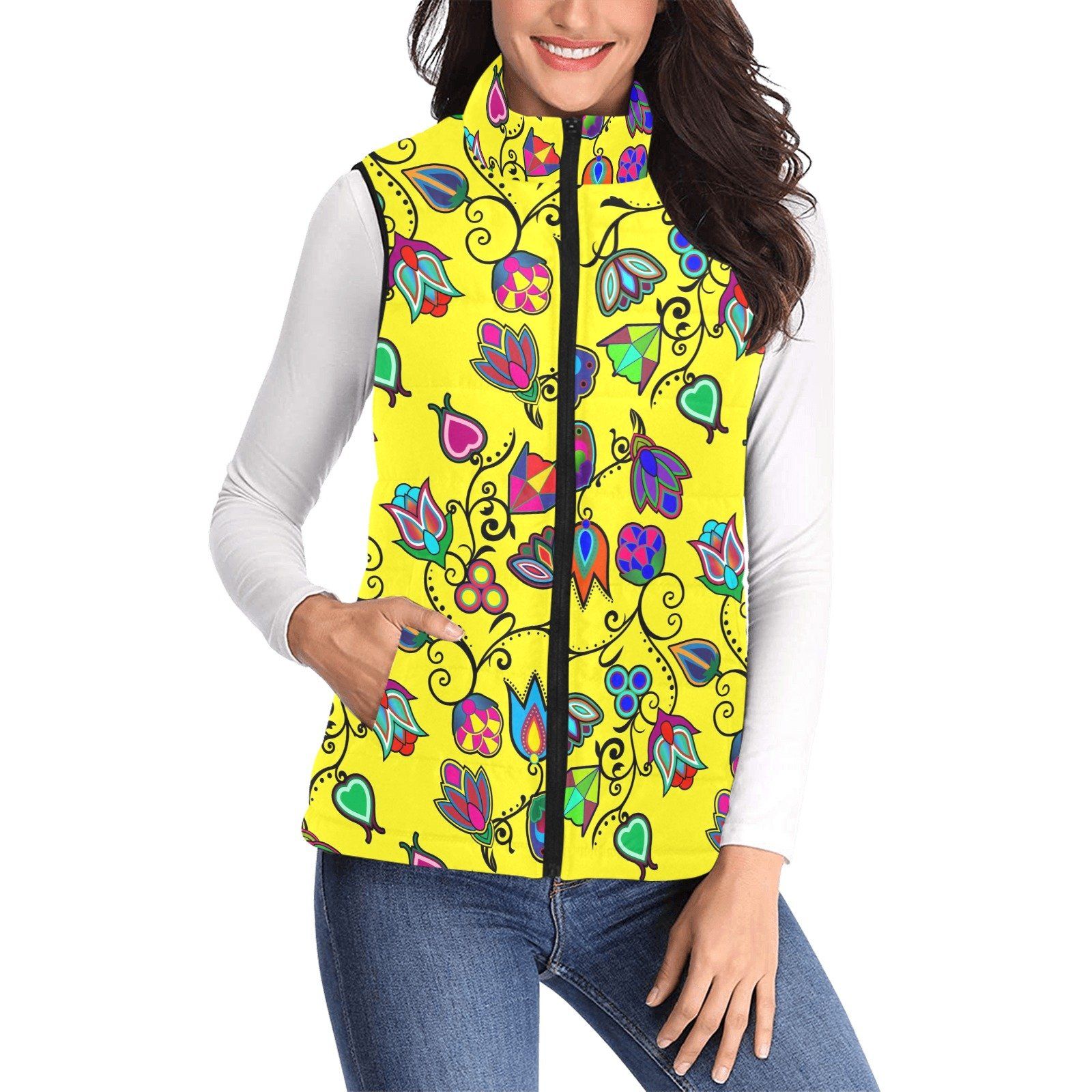 Indigenous Paisley Yellow Women's Padded Vest Jacket (Model H44) Women's Padded Vest Jacket (H44) e-joyer