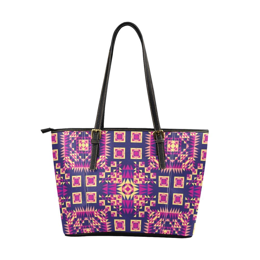 Kaleidoscope Bleu Leather Tote Bag/Large (Model 1640) Leather Tote Bag (1640) e-joyer