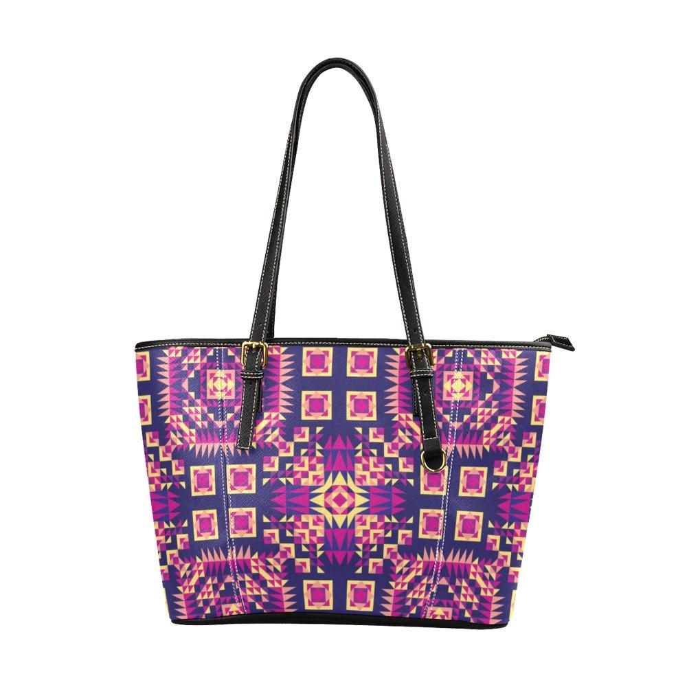 Kaleidoscope Bleu Leather Tote Bag/Large (Model 1640) Leather Tote Bag (1640) e-joyer