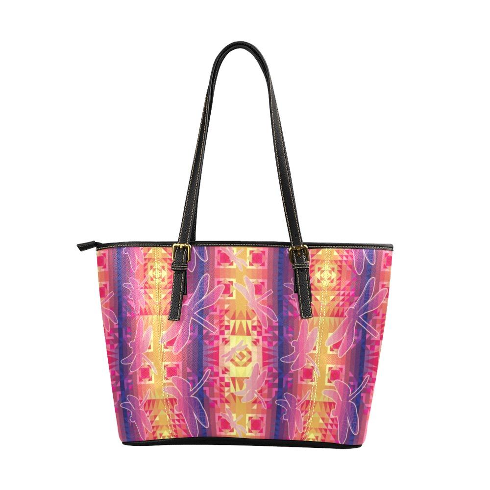 Kaleidoscope Dragonfly Leather Tote Bag/Large (Model 1640) Leather Tote Bag (1640) e-joyer 