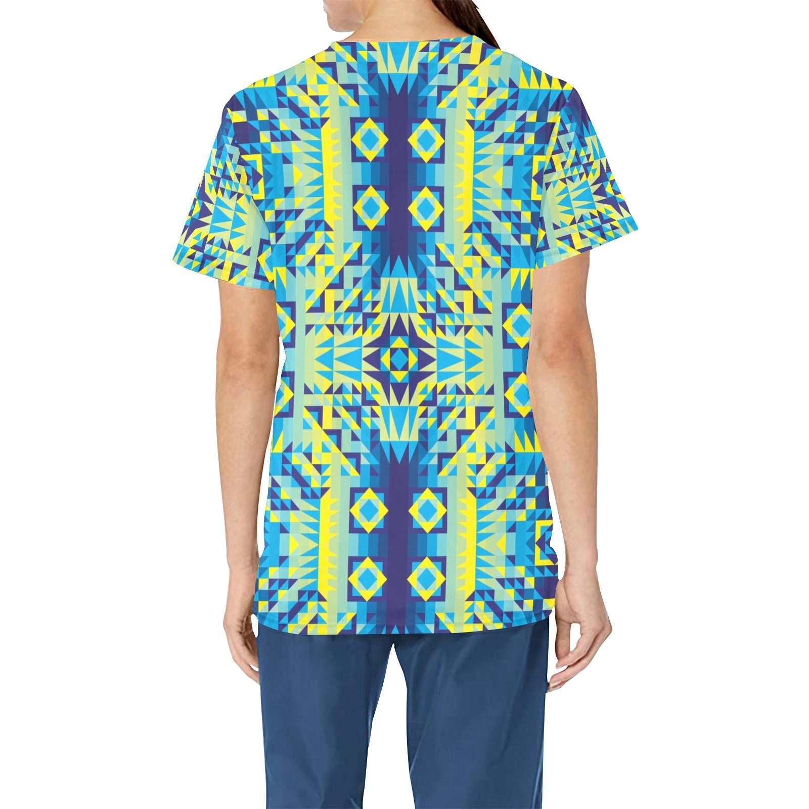 Kaleidoscope Jaune Bleu All Over Print Scrub Top Scrub Top e-joyer