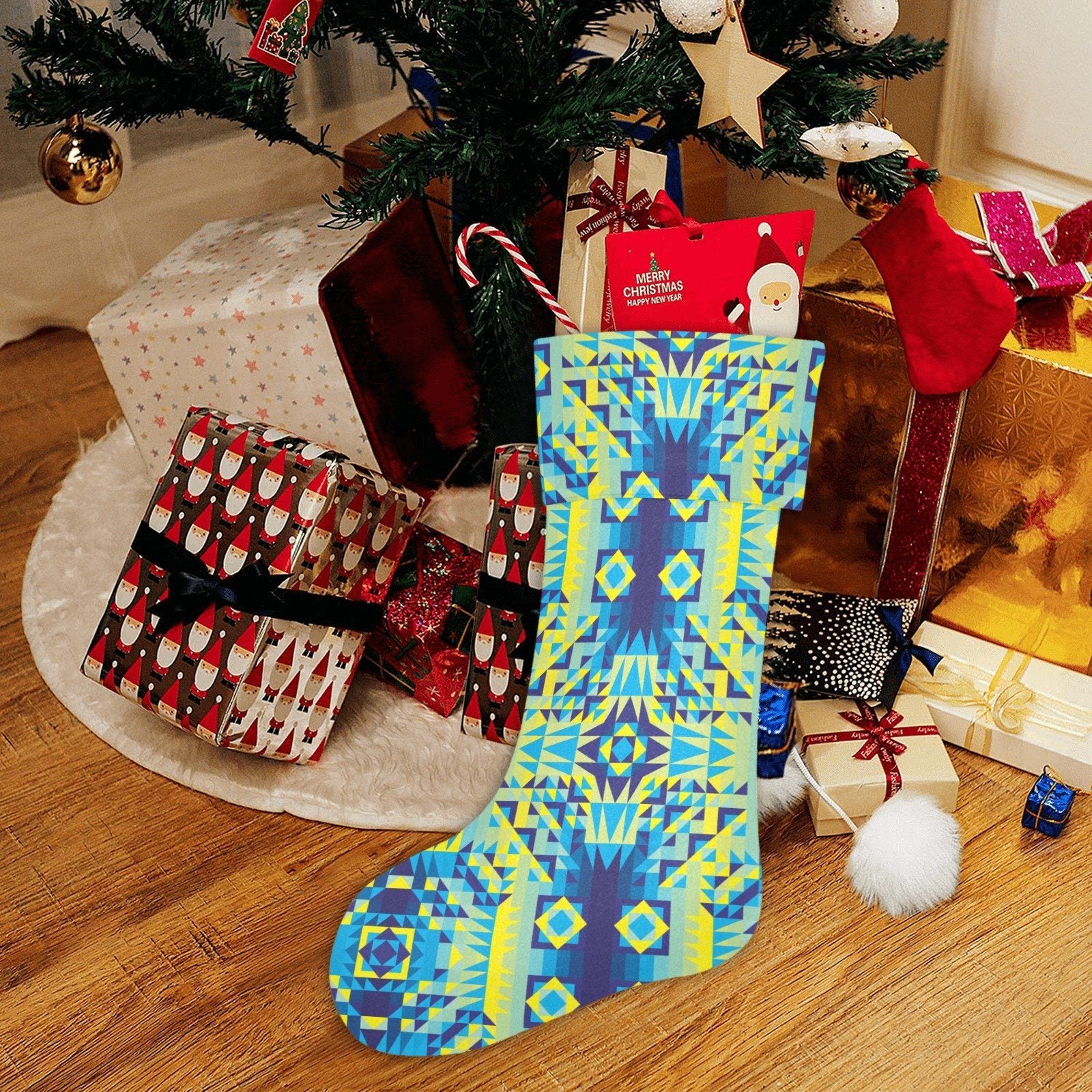 Kaleidoscope Jaune Bleu Christmas Stocking holiday stocking e-joyer