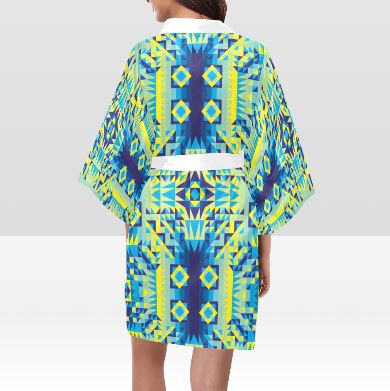 Kaleidoscope Jaune Bleu Kimono Robe Artsadd