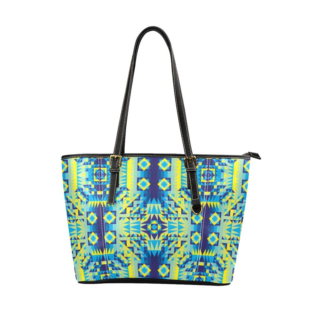 Kaleidoscope Jaune Bleu Leather Tote Bag/Large (Model 1640) Leather Tote Bag (1640) e-joyer