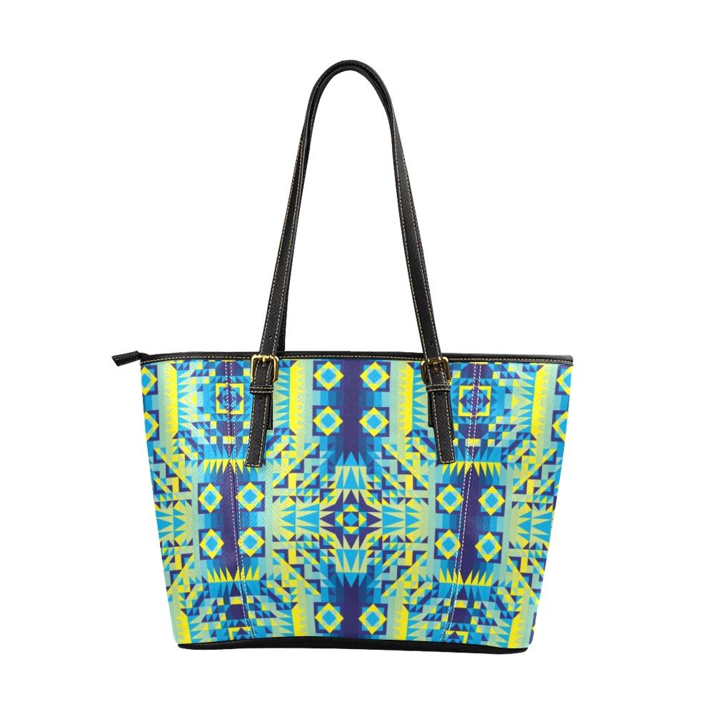 Kaleidoscope Jaune Bleu Leather Tote Bag/Large (Model 1640) Leather Tote Bag (1640) e-joyer