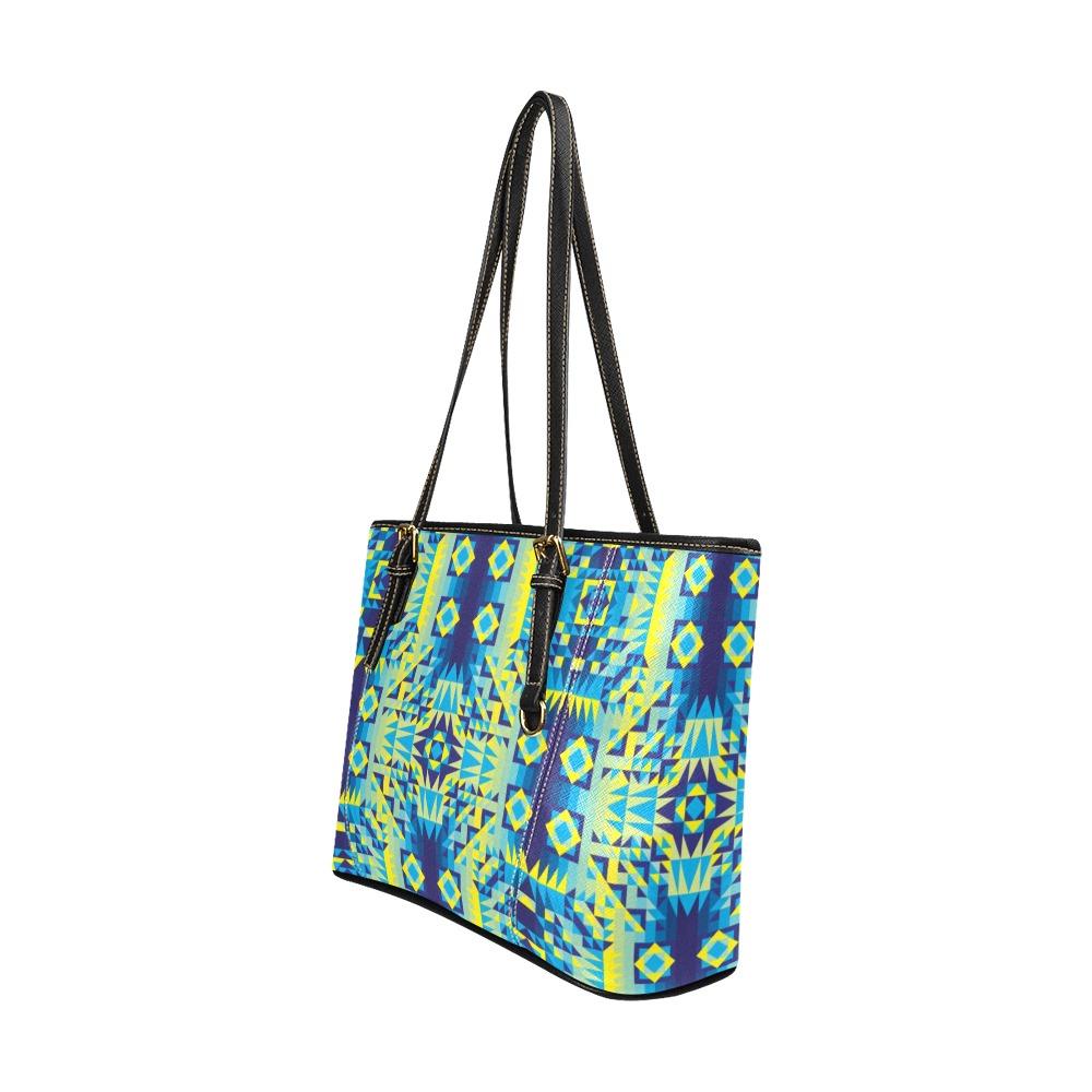 Kaleidoscope Jaune Bleu Leather Tote Bag/Large (Model 1640) Leather Tote Bag (1640) e-joyer