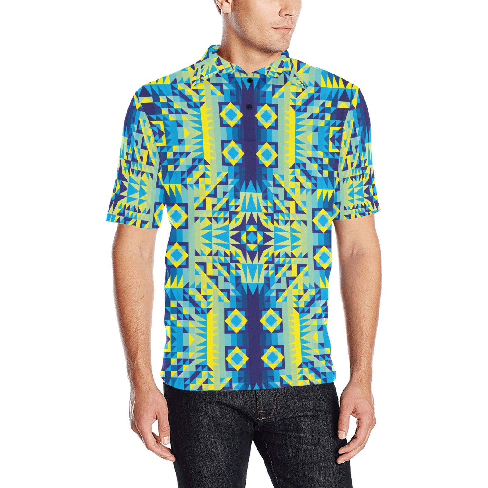 Kaleidoscope Jaune Bleu Men's All Over Print Polo Shirt (Model T55) Men's Polo Shirt (Model T55) e-joyer