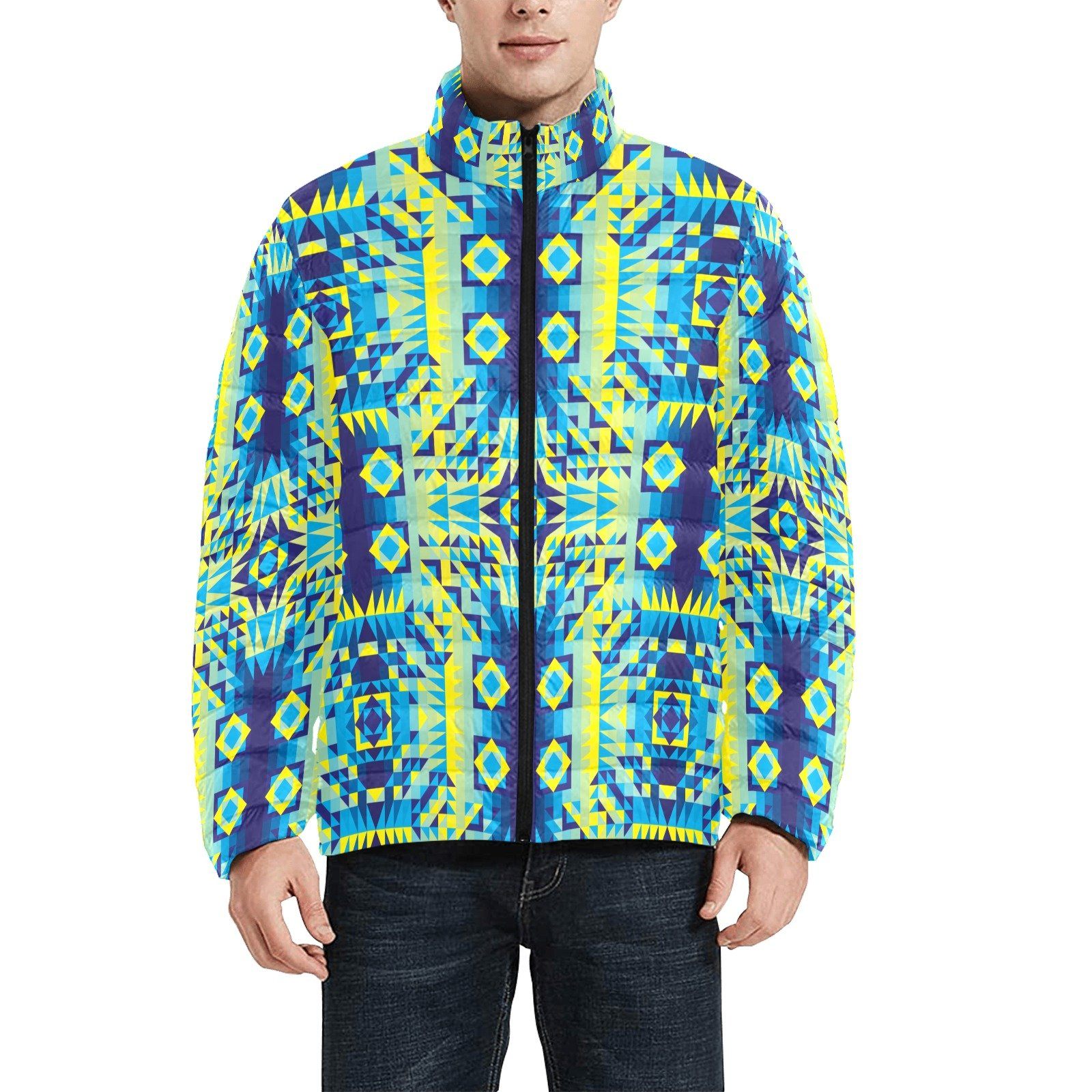 Kaleidoscope Jaune Bleu Men's Stand Collar Padded Jacket (Model H41) Men's Stand Collar Padded Jacket (H41) e-joyer 