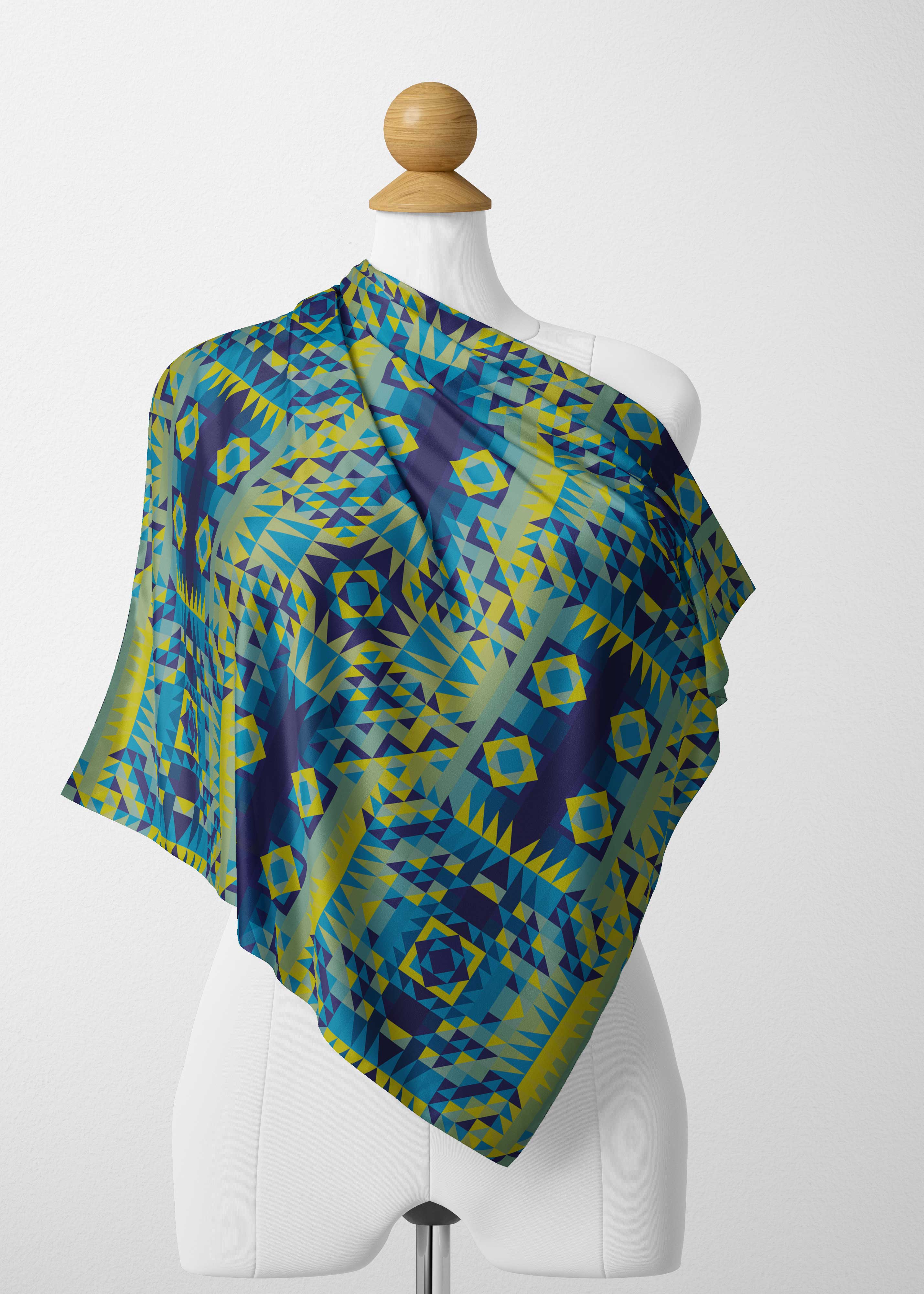 Kaleidoscope Jaune Bleu Satin Shawl Scarf 49 Dzine