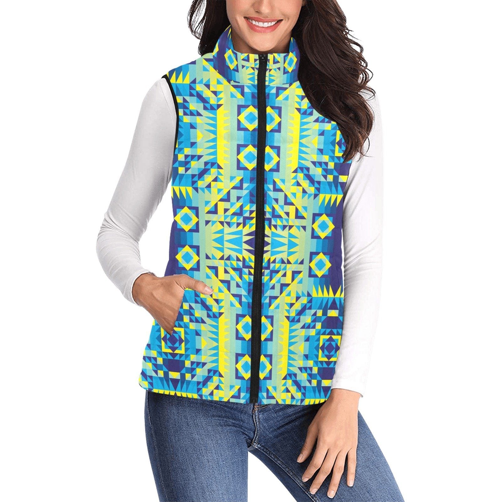 Kaleidoscope Jaune Bleu Women's Padded Vest Jacket (Model H44) Women's Padded Vest Jacket (H44) e-joyer 