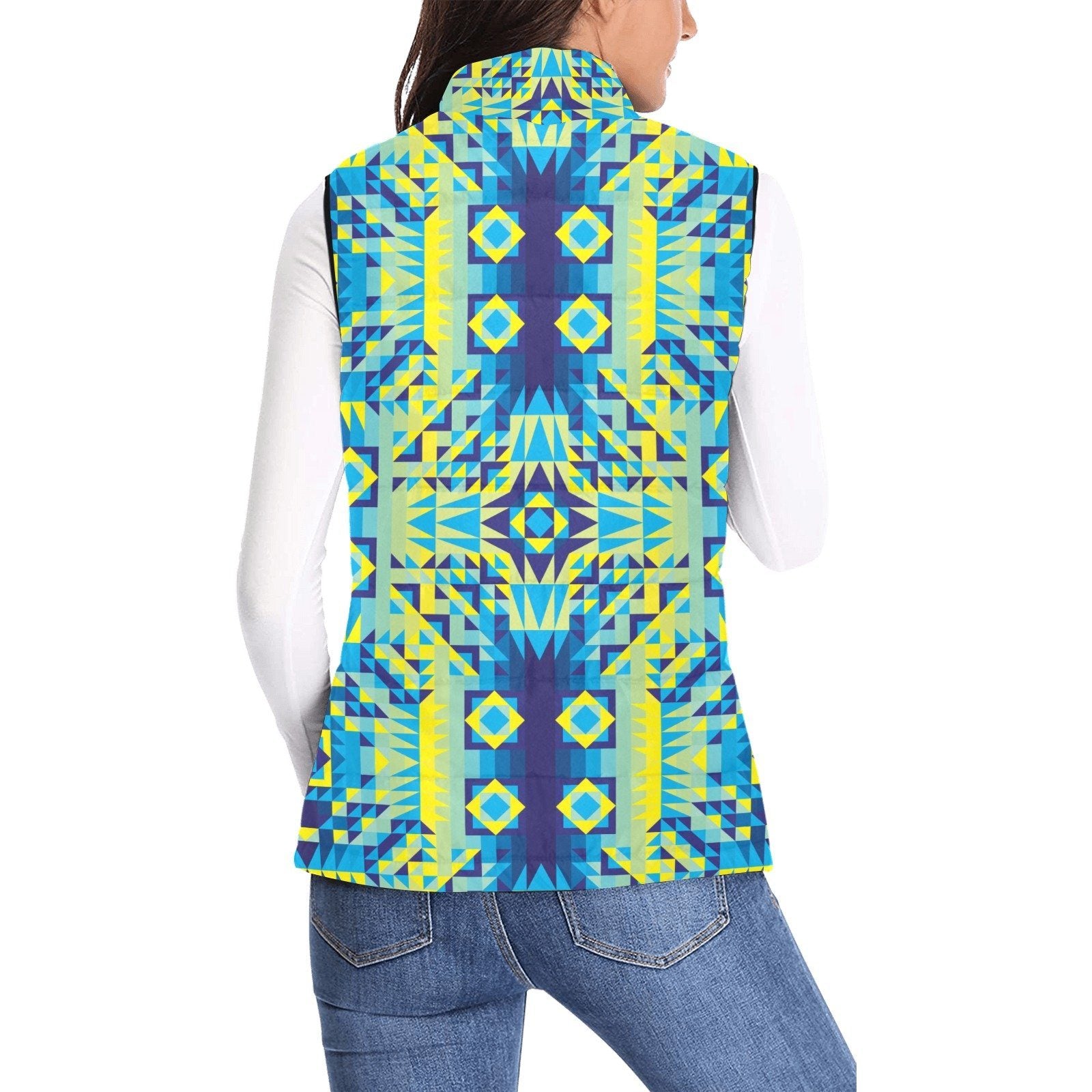 Kaleidoscope Jaune Bleu Women's Padded Vest Jacket (Model H44) Women's Padded Vest Jacket (H44) e-joyer 