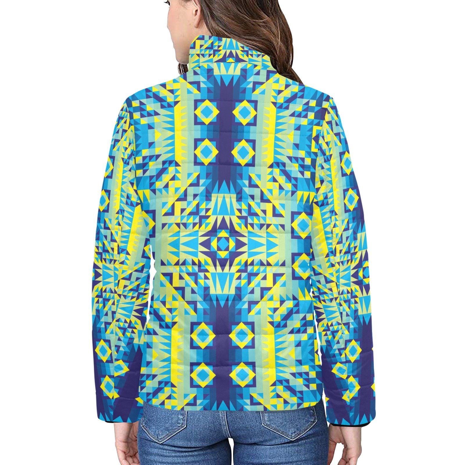 Kaleidoscope Jaune Bleu Women's Stand Collar Padded Jacket (Model H41) jacket e-joyer