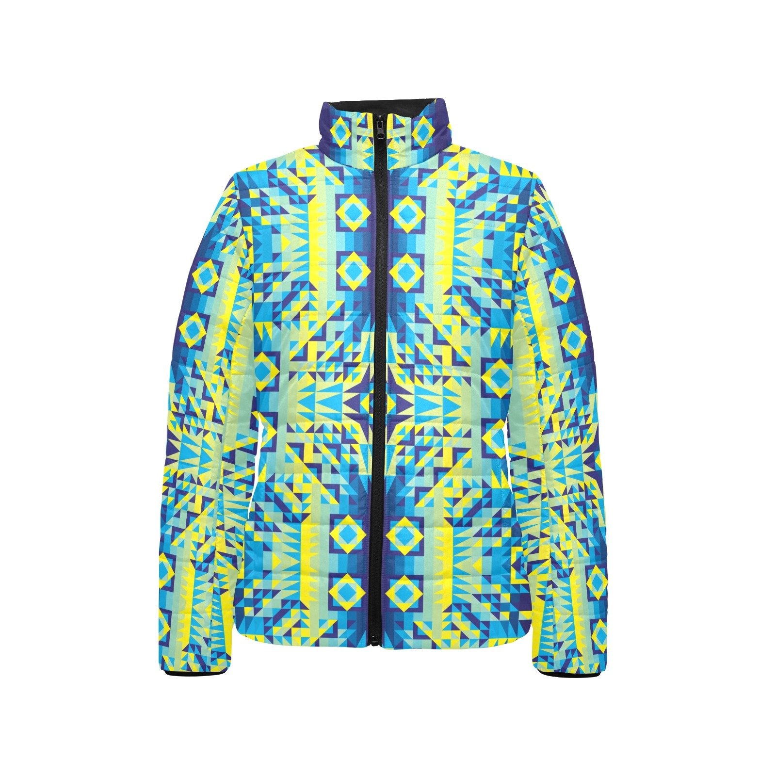 Kaleidoscope Jaune Bleu Women's Stand Collar Padded Jacket (Model H41) jacket e-joyer