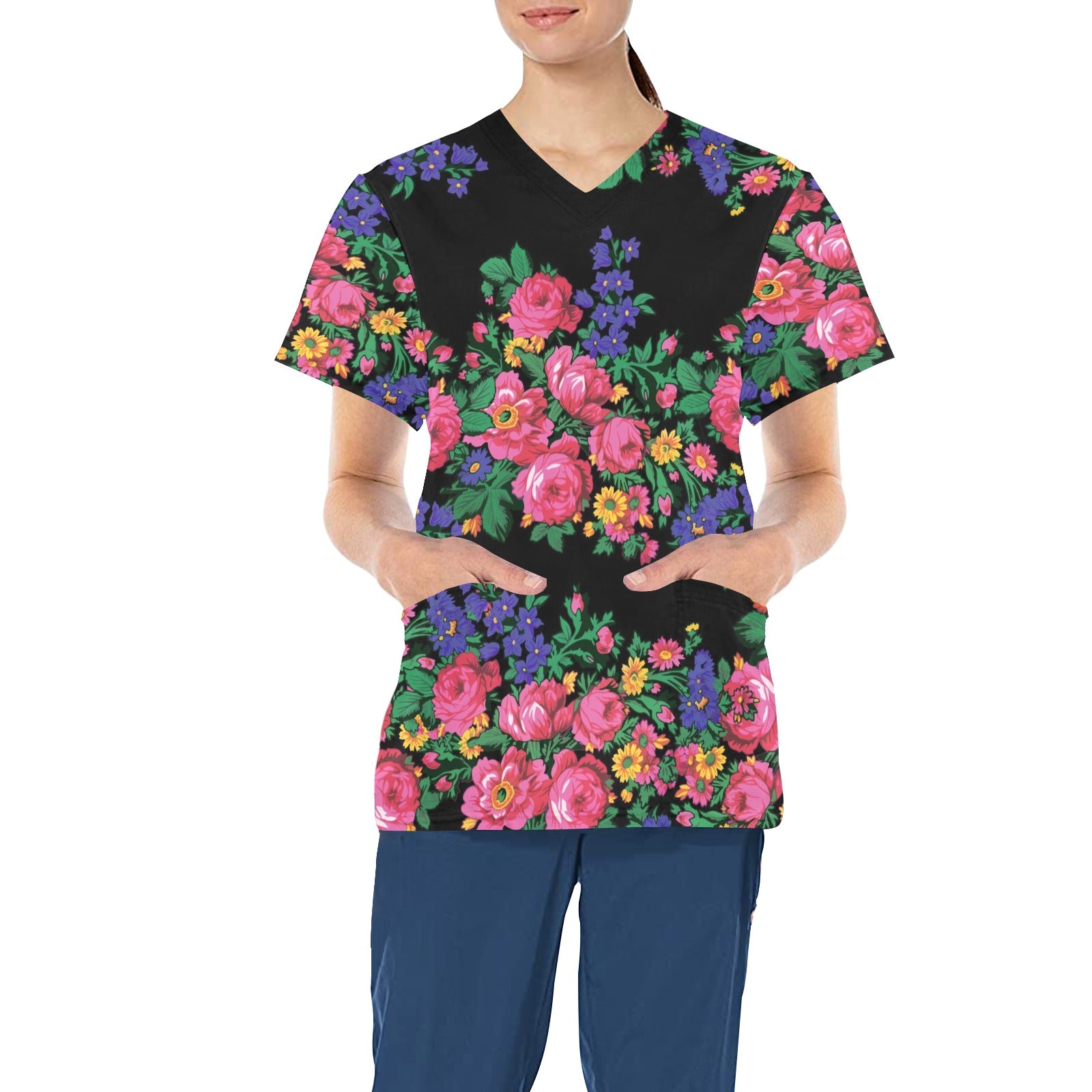 Kokum's Revenge Black All Over Print Scrub Top Scrub Top e-joyer