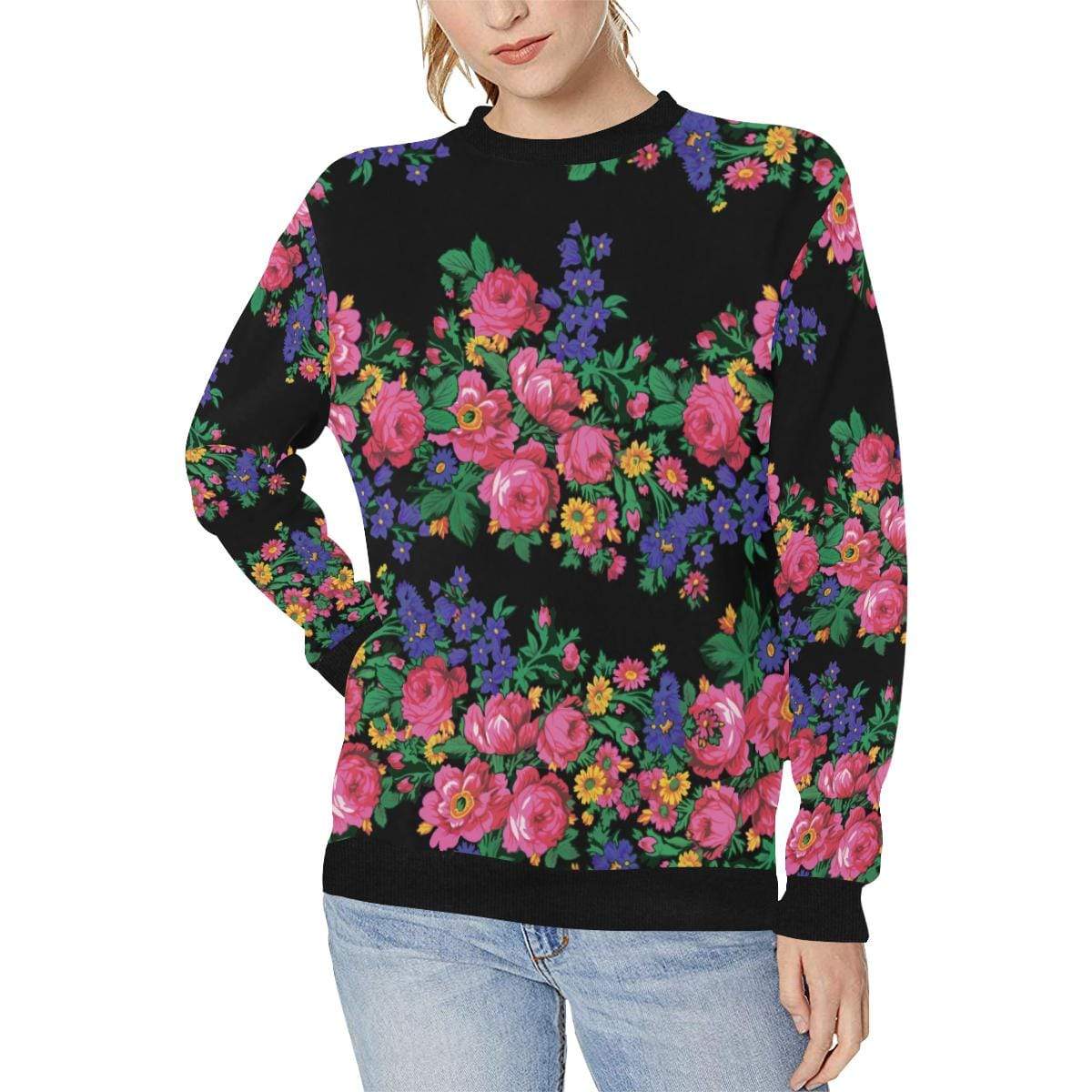 Kokum's Revenge-Black Women's Rib Cuff Crew Neck Sweatshirt (Model H34) Rib Cuff Crew Neck Sweatshirt for Women (H34) e-joyer