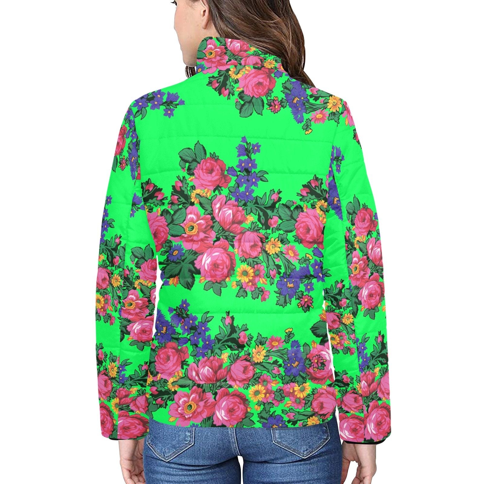 Kokum's Revenge Green Women's Stand Collar Padded Jacket (Model H41) jacket e-joyer