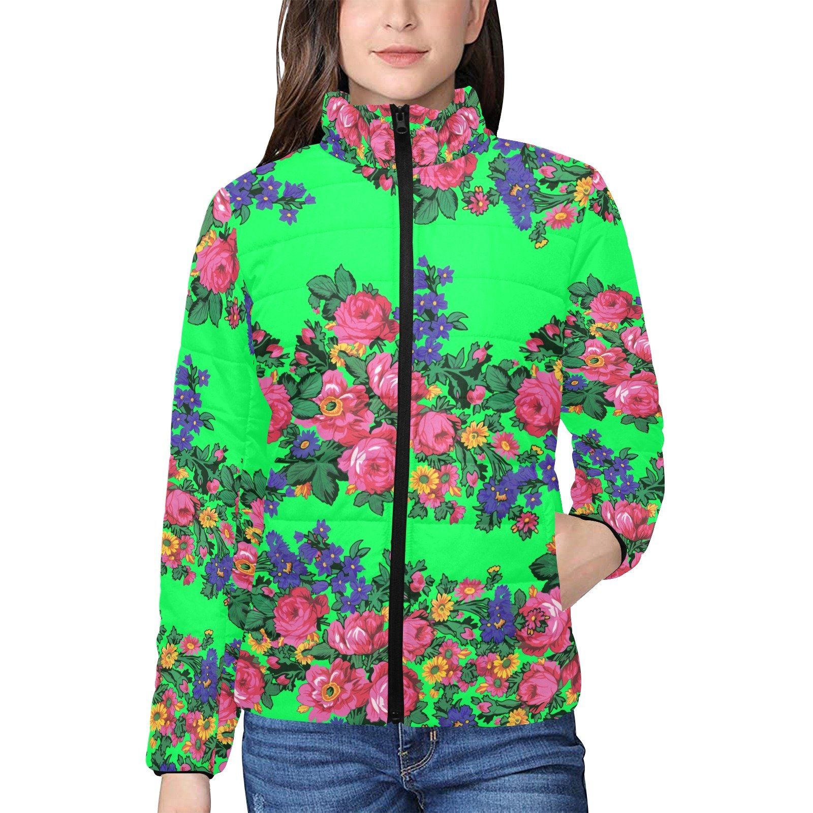 Kokum's Revenge Green Women's Stand Collar Padded Jacket (Model H41) jacket e-joyer