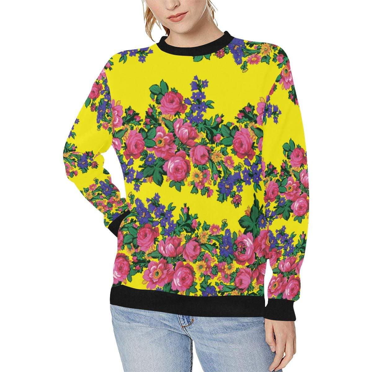 Kokum's Revenge-Yellow Women's Rib Cuff Crew Neck Sweatshirt (Model H34) Rib Cuff Crew Neck Sweatshirt for Women (H34) e-joyer