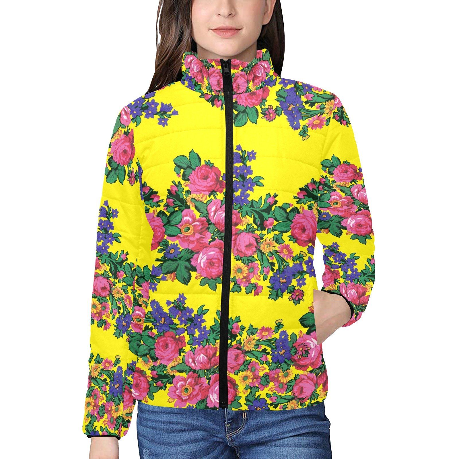 Kokum's Revenge Yellow Women's Stand Collar Padded Jacket (Model H41) jacket e-joyer