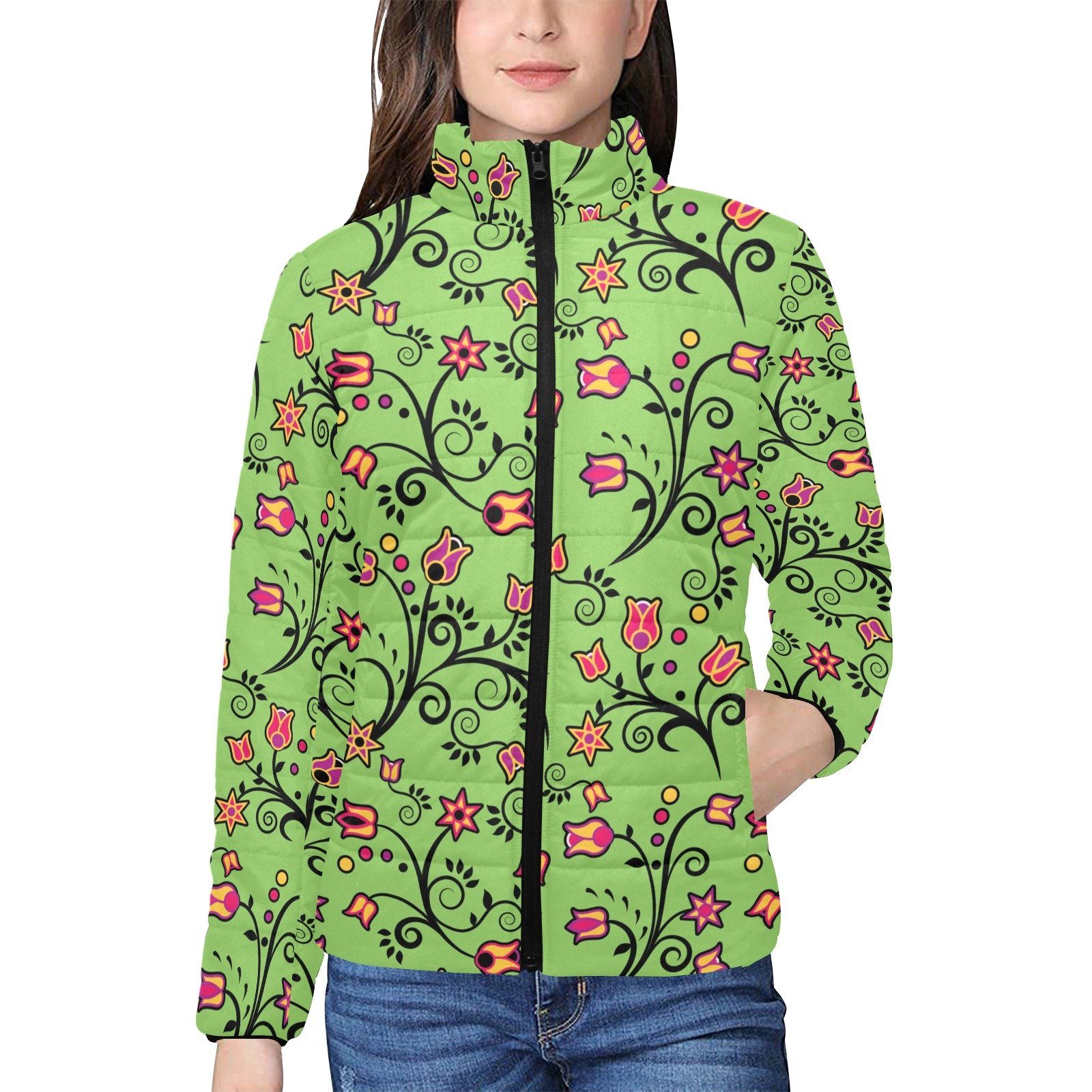 LightGreen Yellow Star Women's Stand Collar Padded Jacket (Model H41) jacket e-joyer 