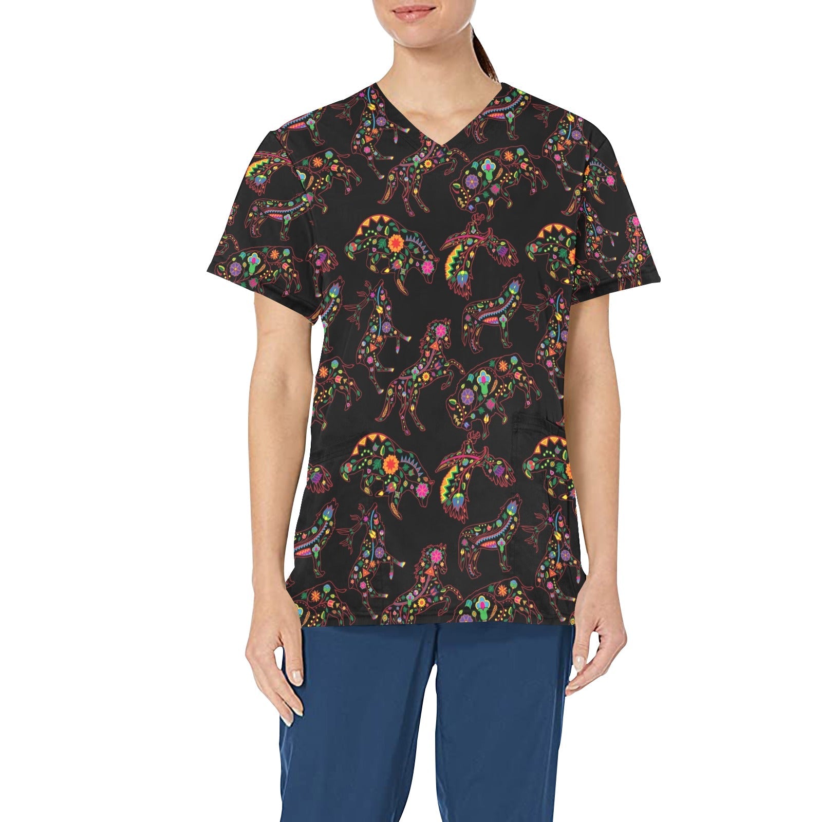 Neon Floral Animals All Over Print Scrub Top Scrub Top e-joyer
