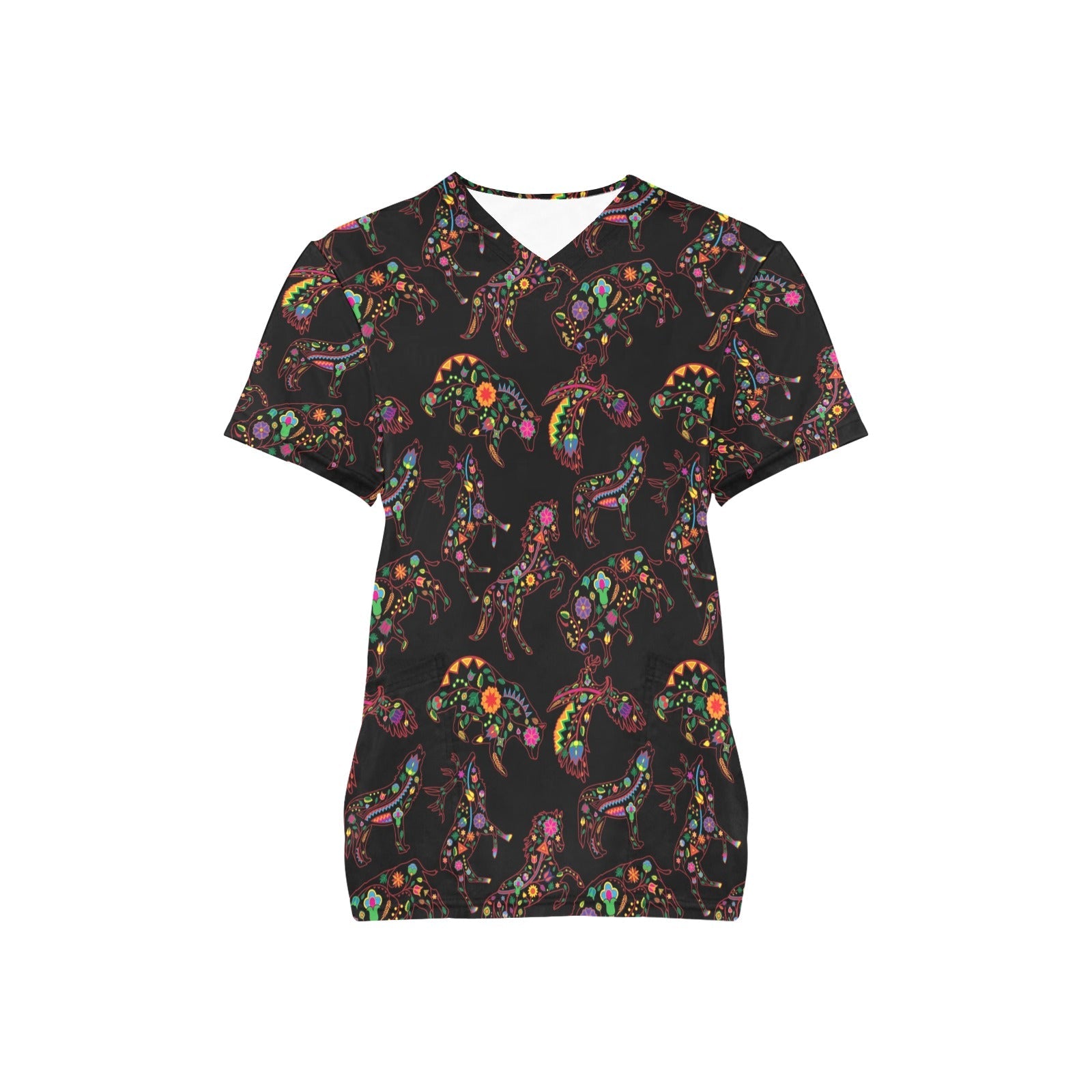 Neon Floral Animals All Over Print Scrub Top Scrub Top e-joyer