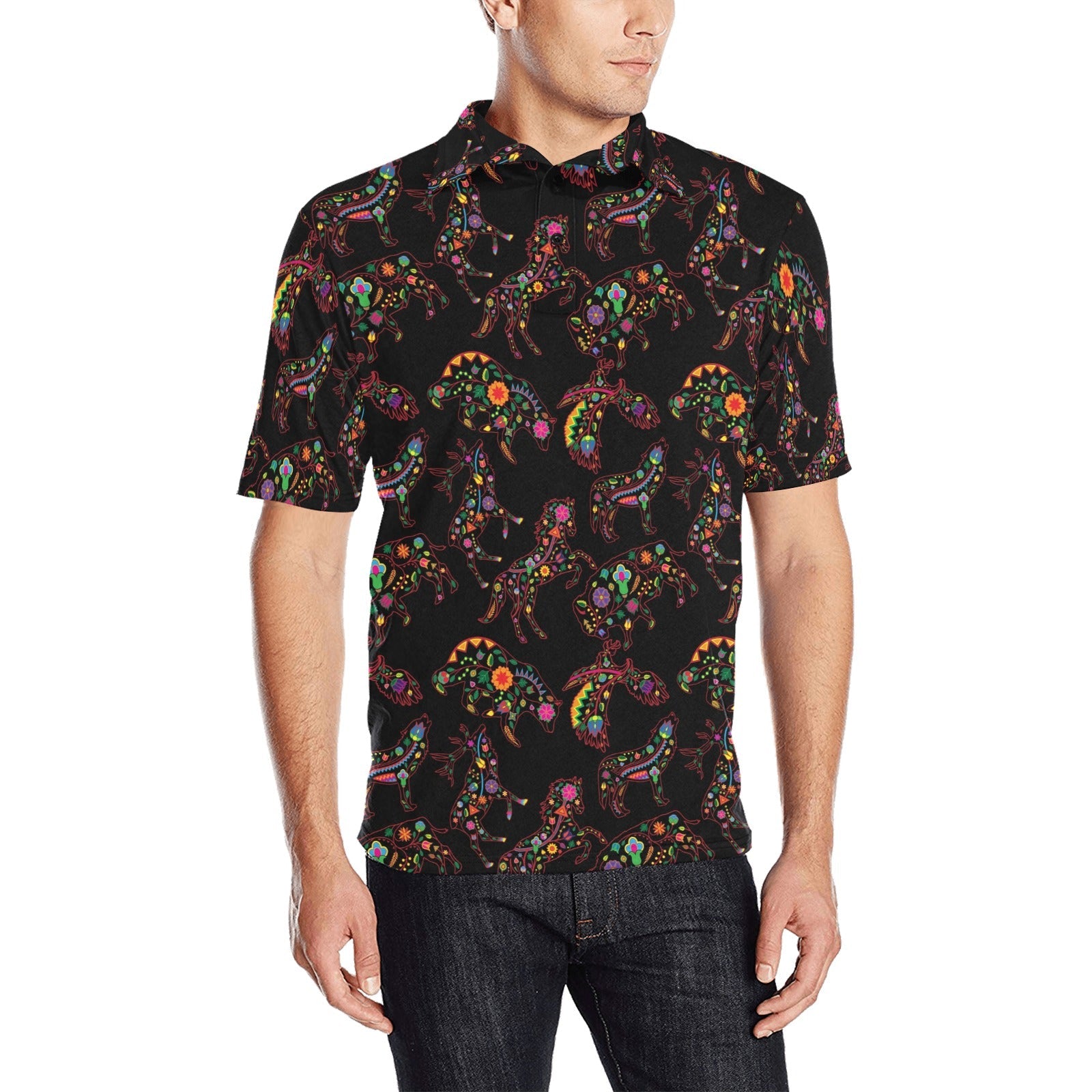 Neon Floral Animals Men's All Over Print Polo Shirt (Model T55) Men's Polo Shirt (Model T55) e-joyer
