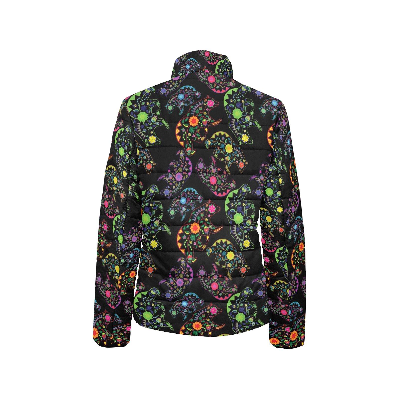 Neon Floral Bears Women's Stand Collar Padded Jacket (Model H41) jacket e-joyer