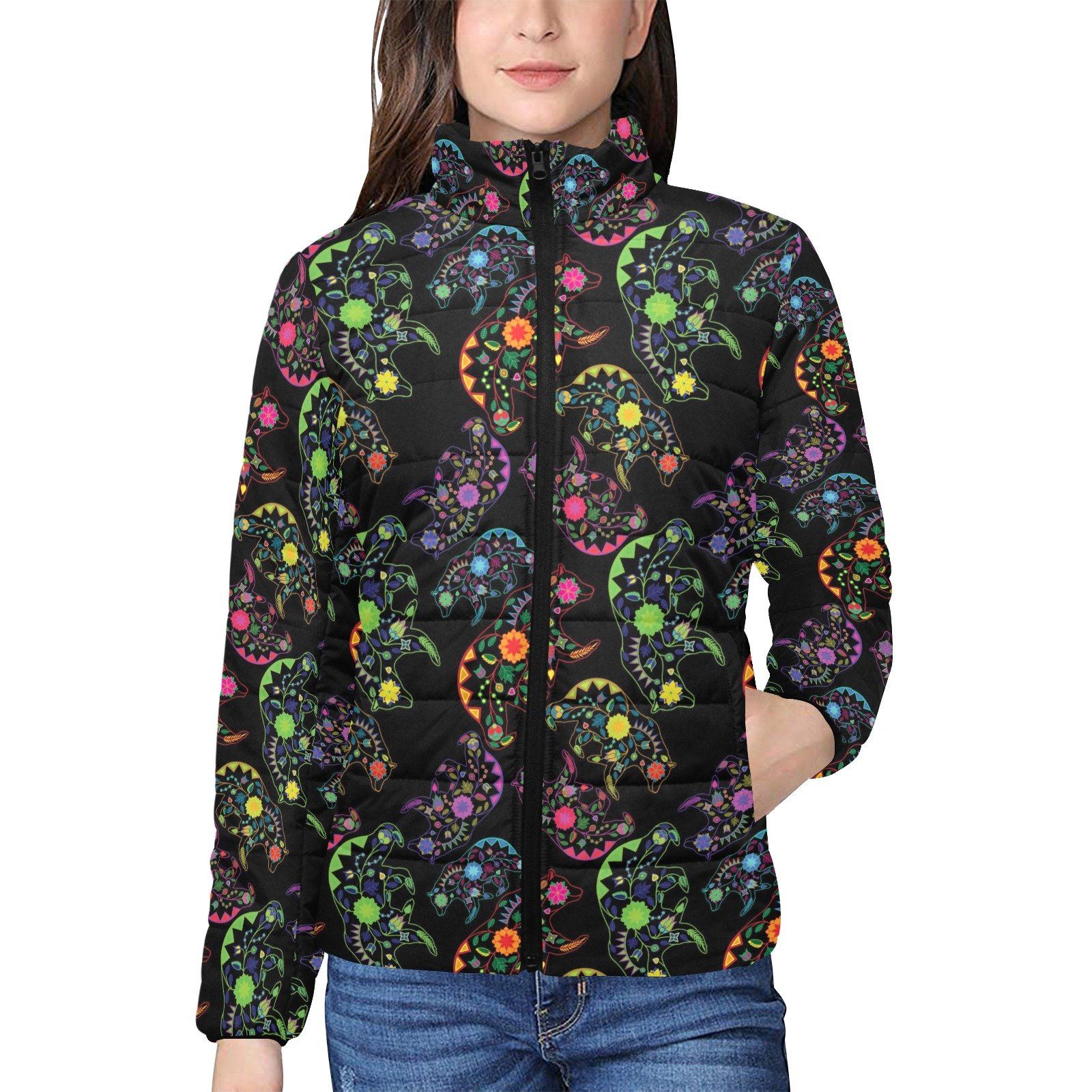 Neon Floral Bears Women's Stand Collar Padded Jacket (Model H41) jacket e-joyer