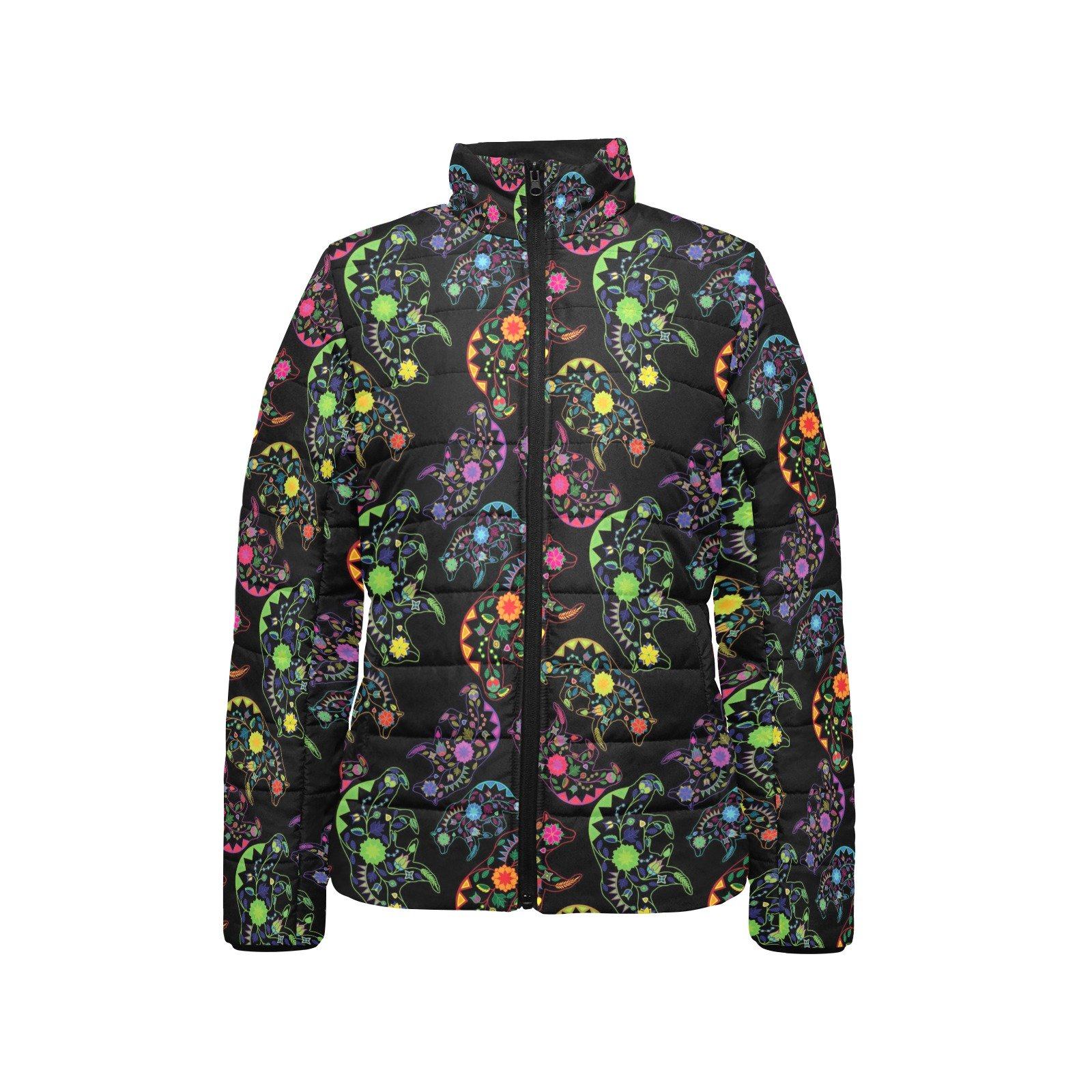 Neon Floral Bears Women's Stand Collar Padded Jacket (Model H41) jacket e-joyer
