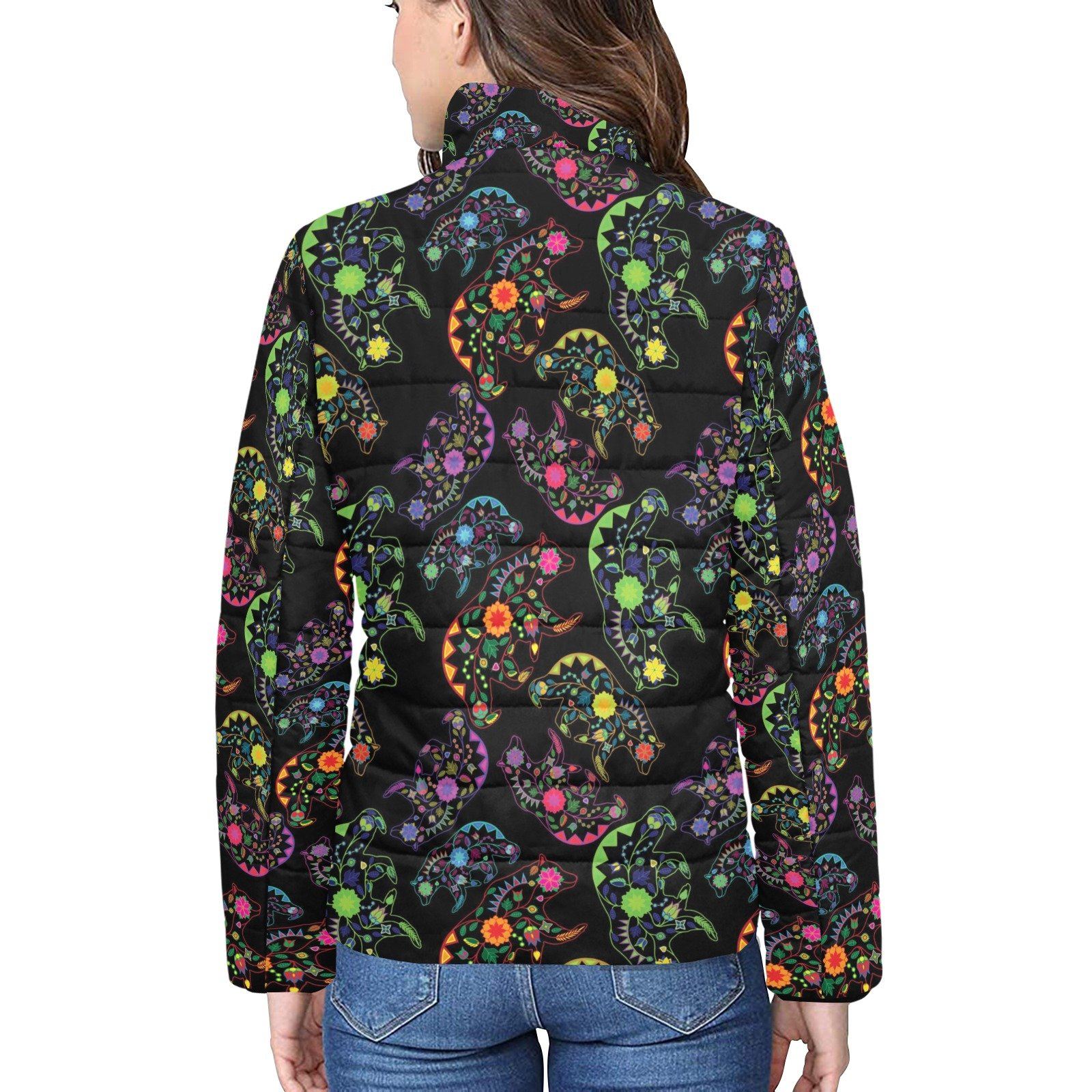 Neon Floral Bears Women's Stand Collar Padded Jacket (Model H41) jacket e-joyer
