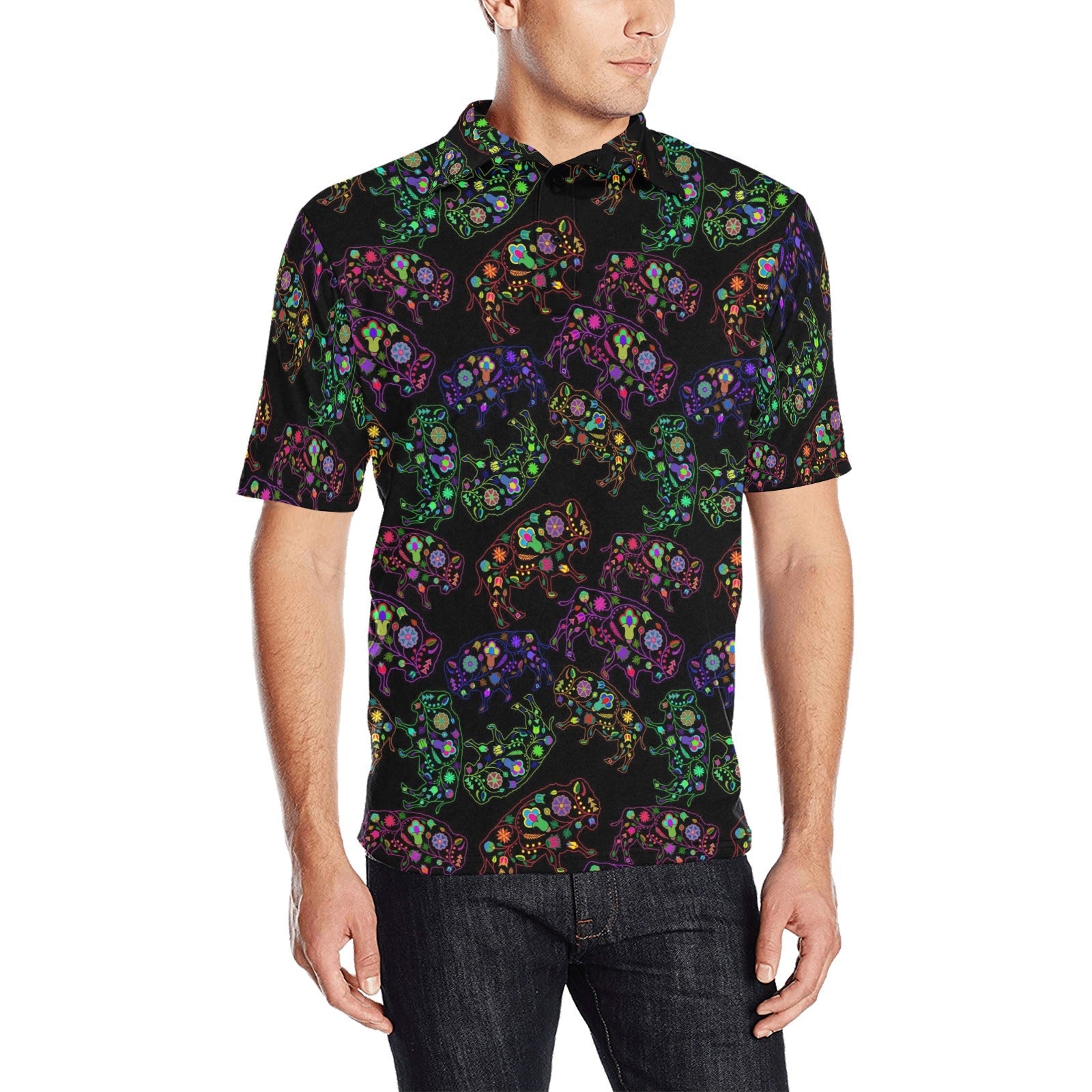 Neon Floral Buffalos Men's All Over Print Polo Shirt (Model T55) Men's Polo Shirt (Model T55) e-joyer