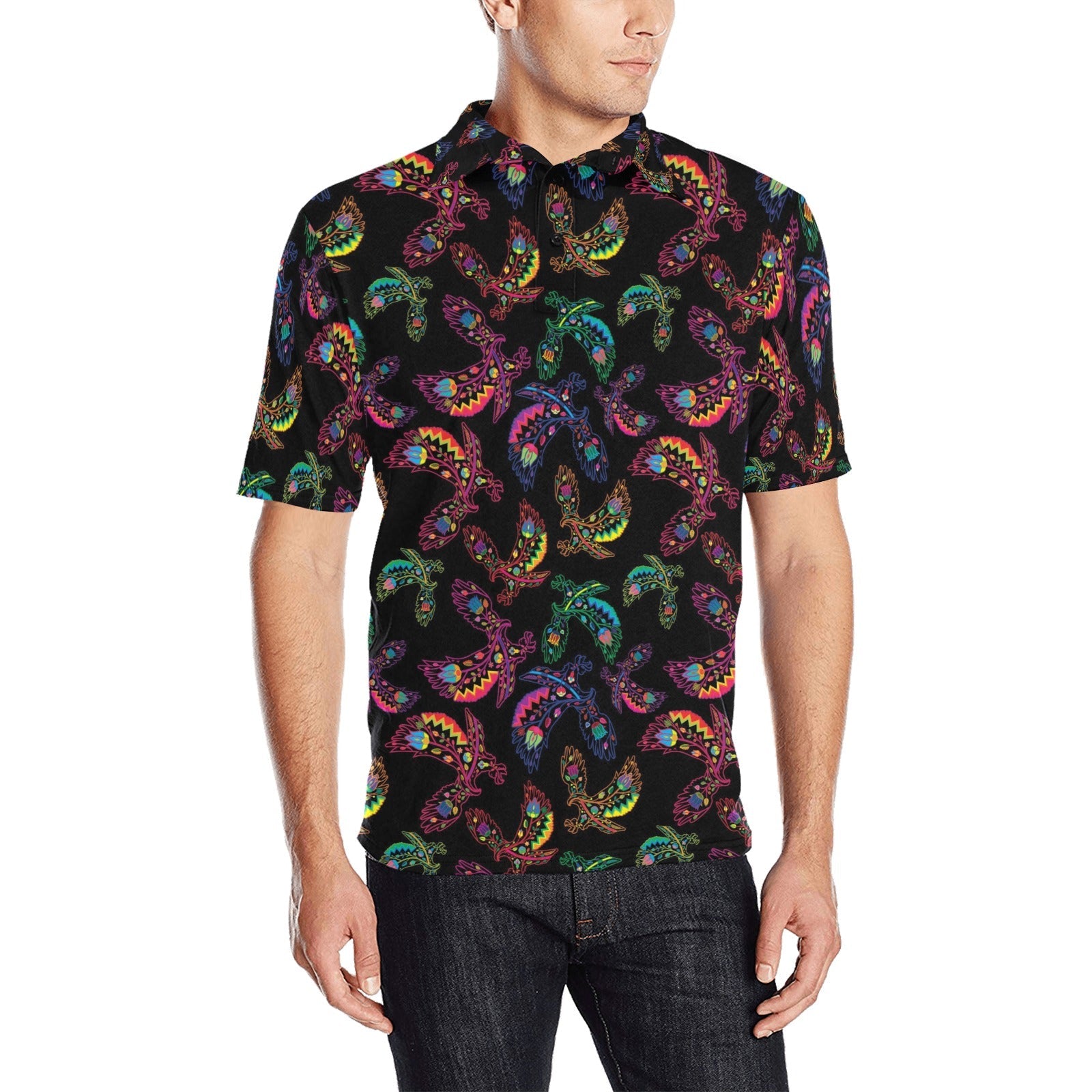 Neon Floral Eagles Men's All Over Print Polo Shirt (Model T55) Men's Polo Shirt (Model T55) e-joyer