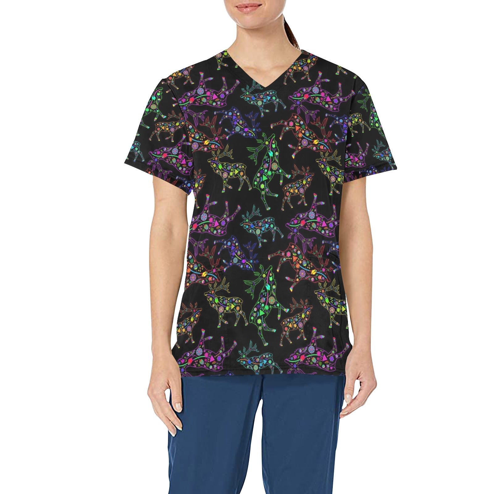 Neon Floral Elks All Over Print Scrub Top Scrub Top e-joyer