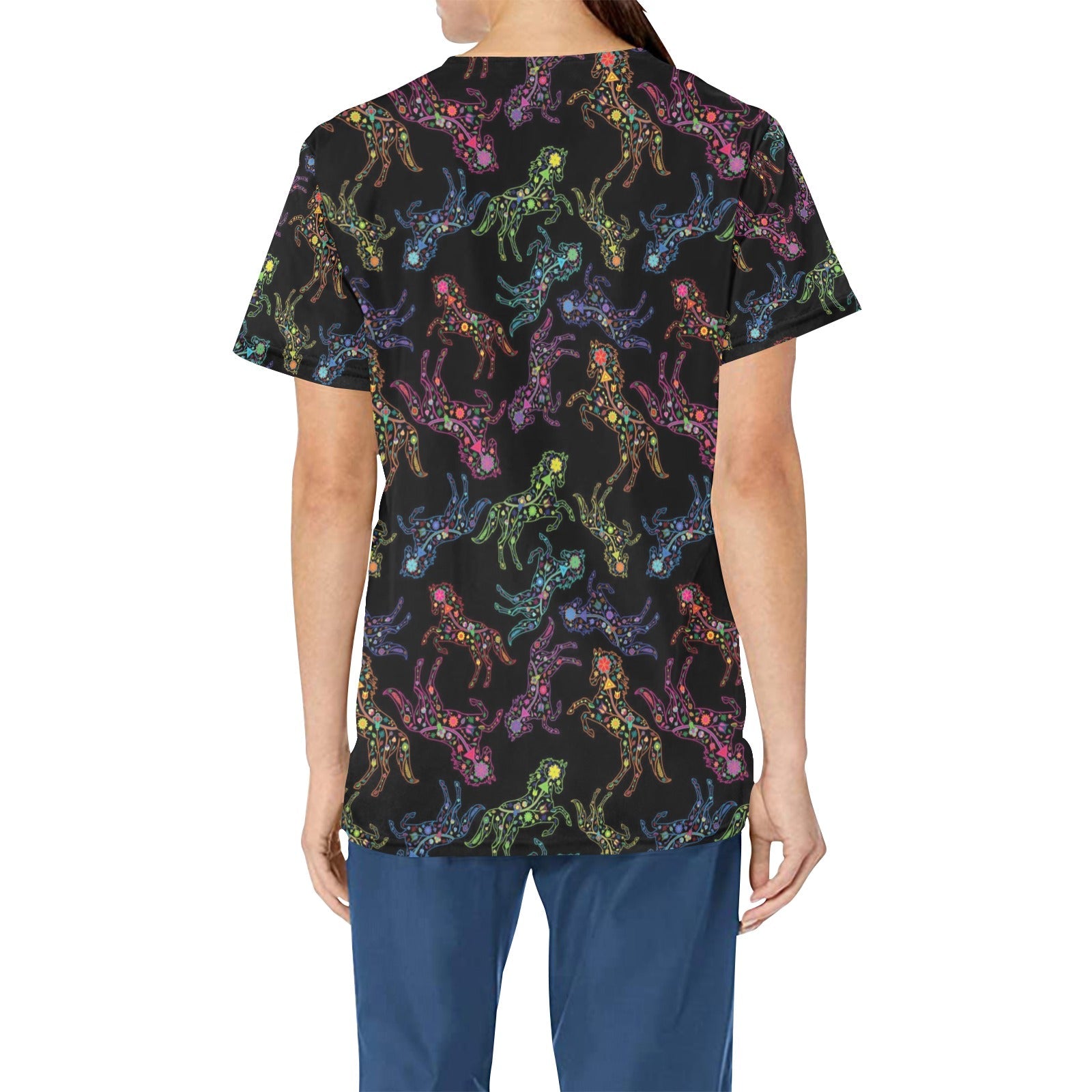 Neon Floral Horses All Over Print Scrub Top Scrub Top e-joyer 