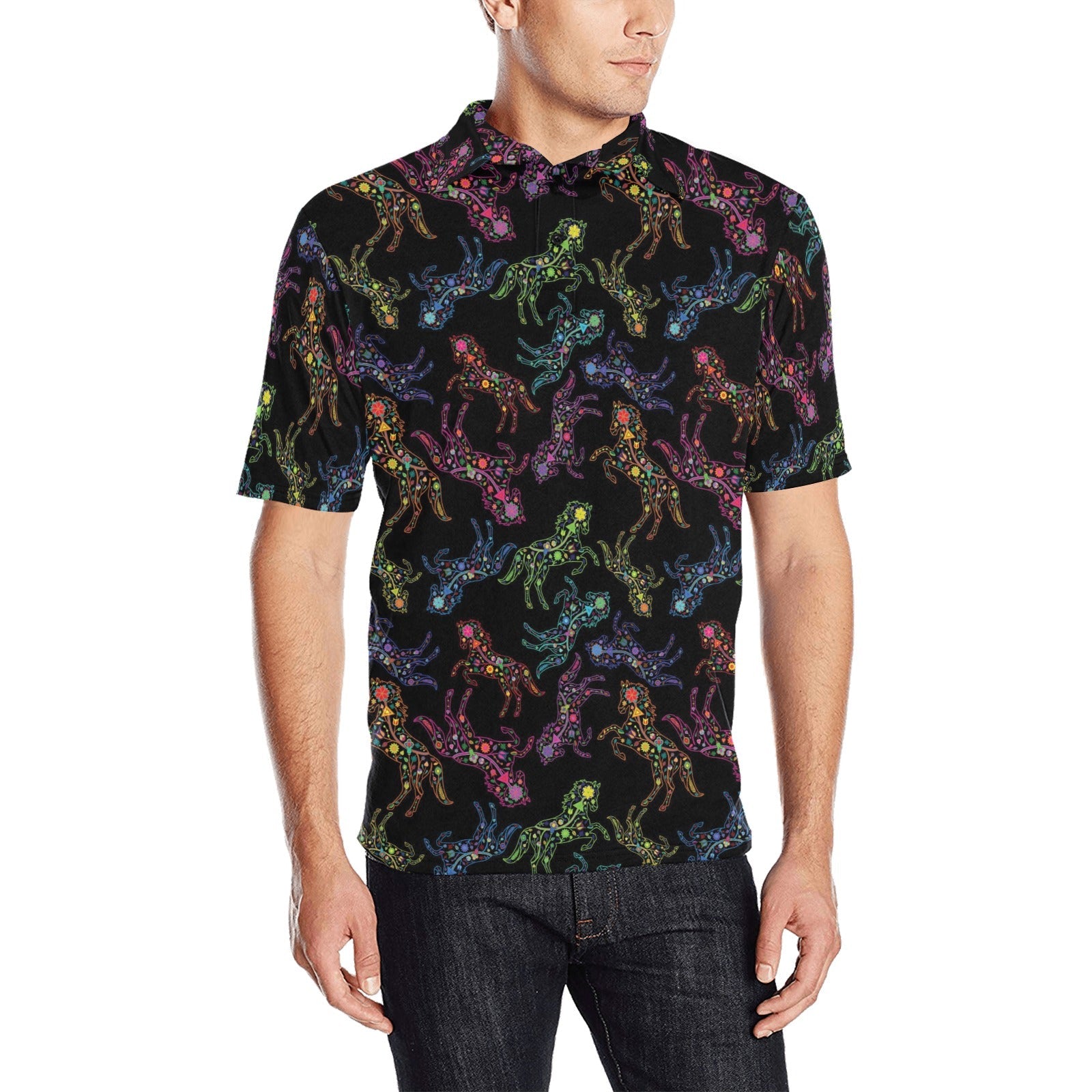 Neon Floral Horses Men's All Over Print Polo Shirt (Model T55) Men's Polo Shirt (Model T55) e-joyer