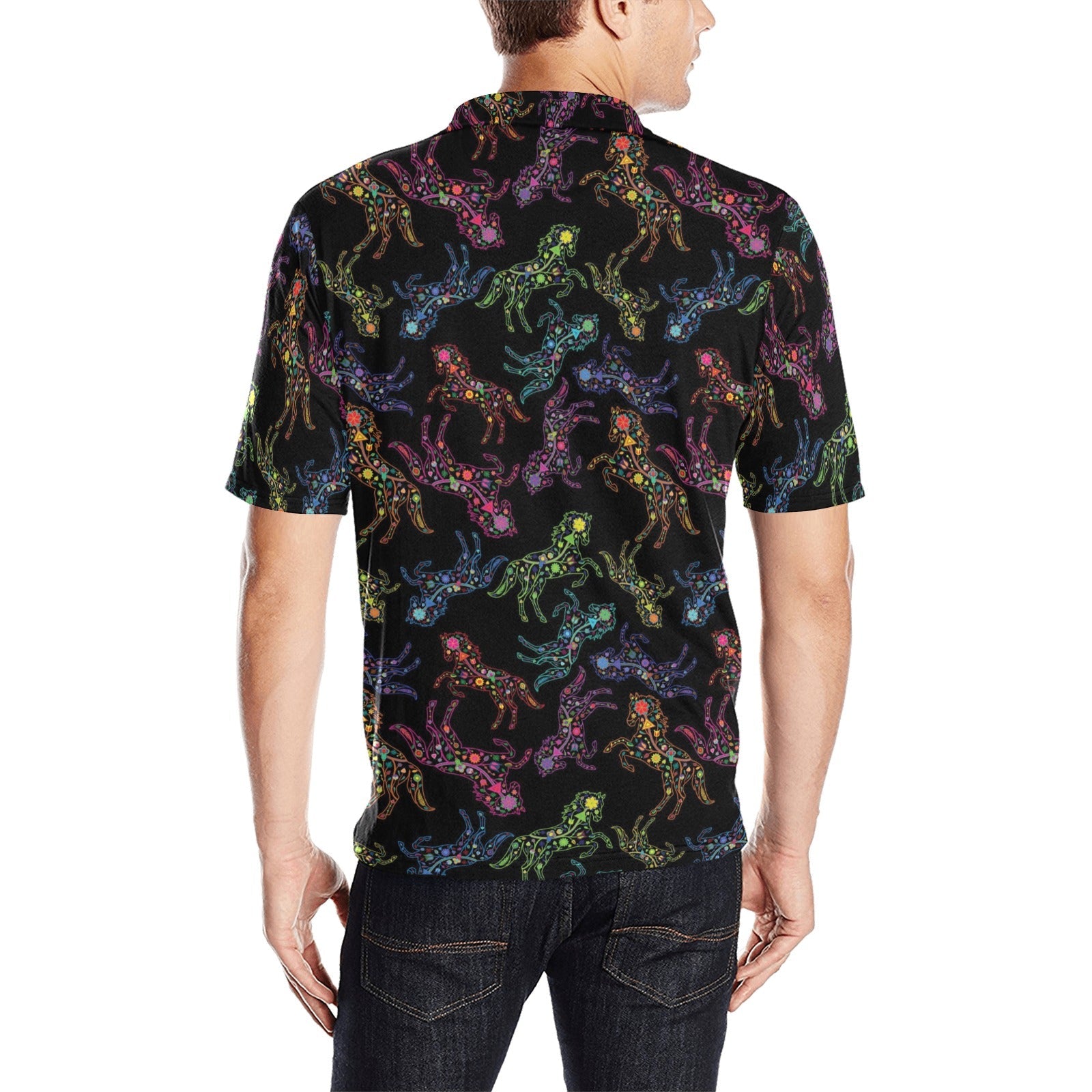 Neon Floral Horses Men's All Over Print Polo Shirt (Model T55) Men's Polo Shirt (Model T55) e-joyer