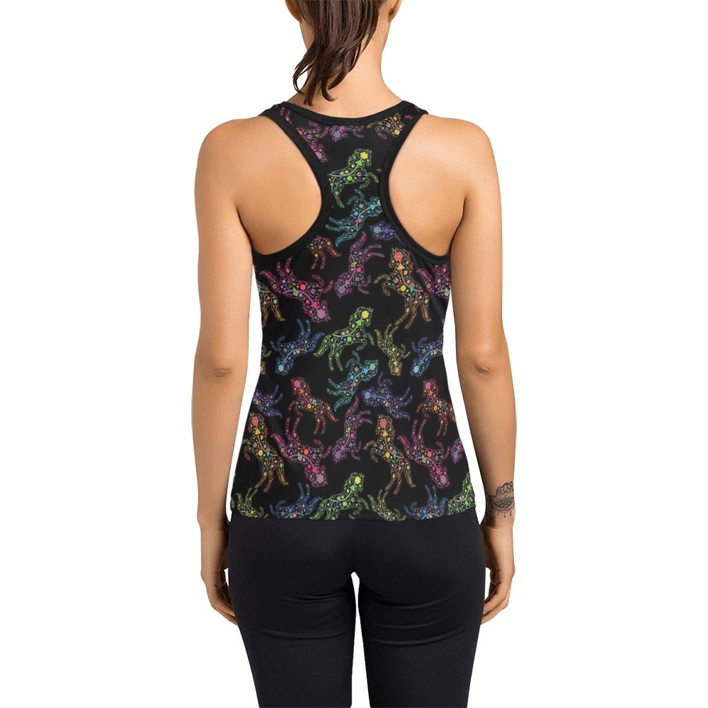 Neon Floral Horses Women's Racerback Tank Top (Model T60) Racerback Tank Top (T60) e-joyer