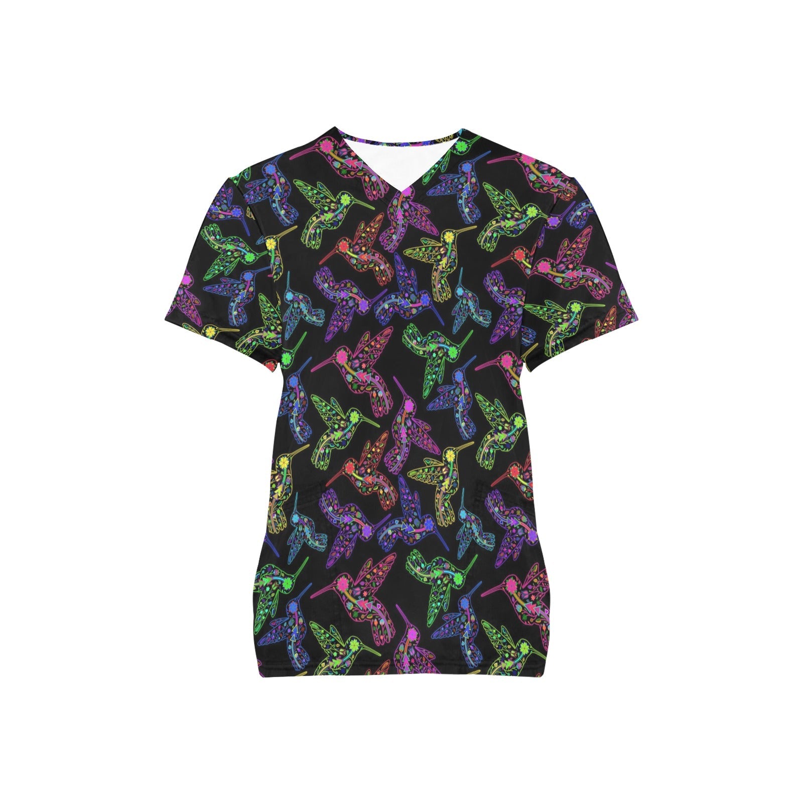 Neon Floral Hummingbirds All Over Print Scrub Top Scrub Top e-joyer