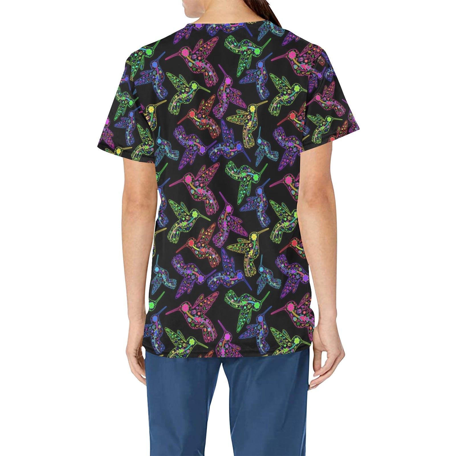 Neon Floral Hummingbirds All Over Print Scrub Top Scrub Top e-joyer