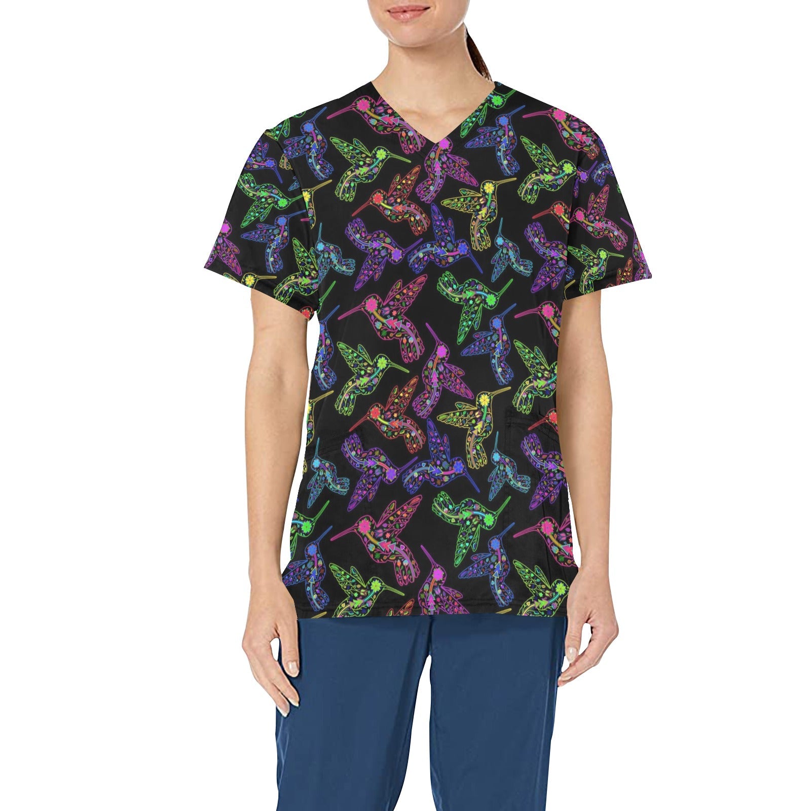 Neon Floral Hummingbirds All Over Print Scrub Top Scrub Top e-joyer