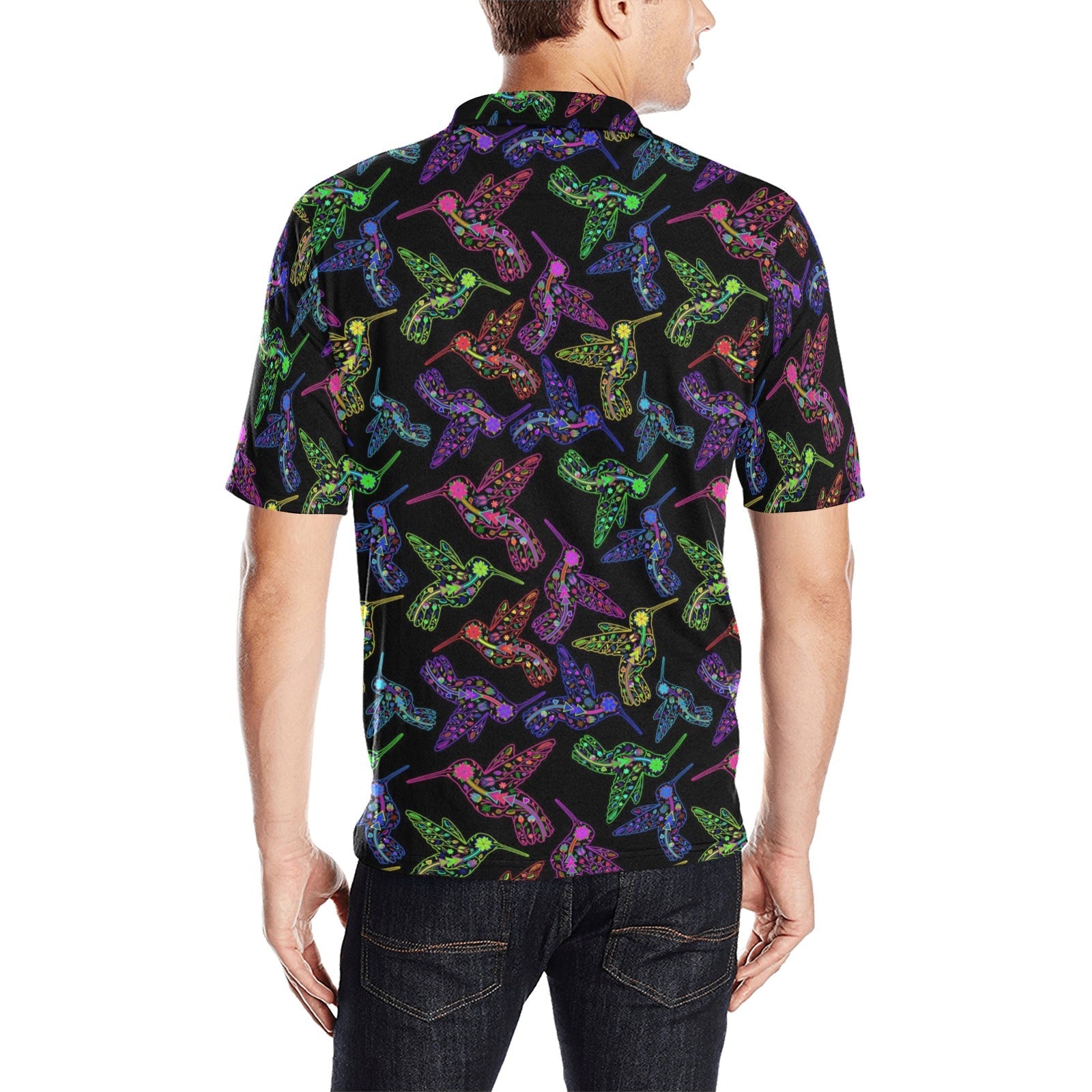 Neon Floral Hummingbirds Men's All Over Print Polo Shirt (Model T55) Men's Polo Shirt (Model T55) e-joyer