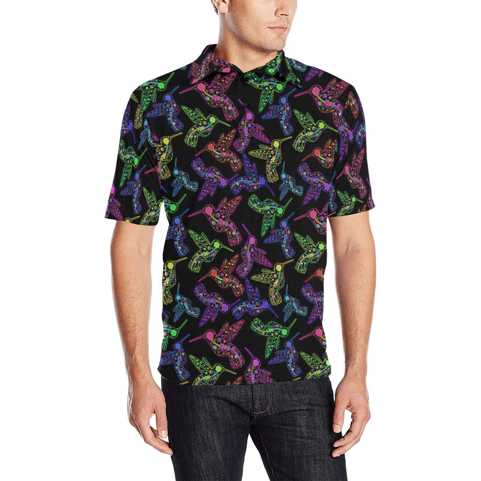 Neon Floral Hummingbirds Men's All Over Print Polo Shirt (Model T55) Men's Polo Shirt (Model T55) e-joyer