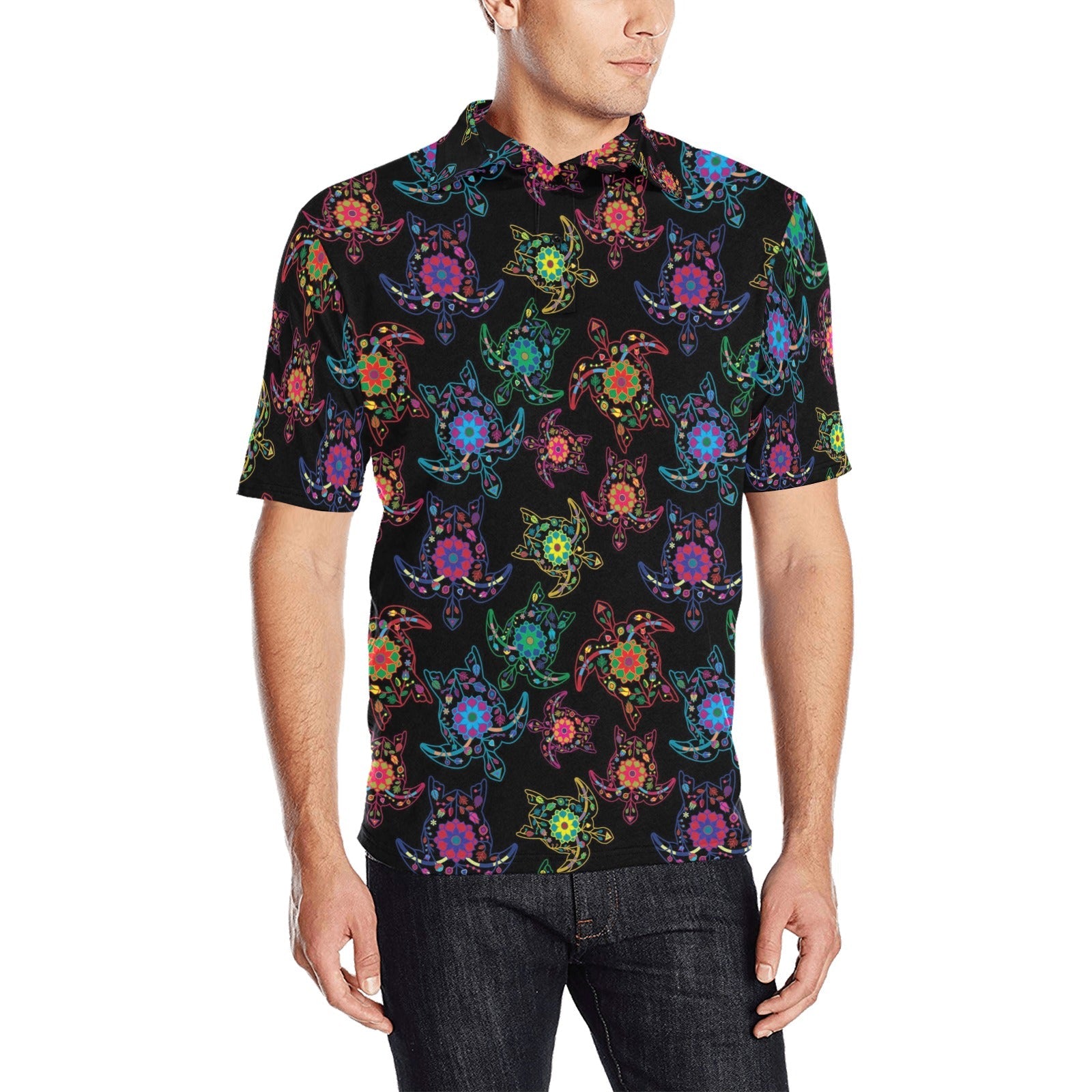 Neon Floral Turtle Men's All Over Print Polo Shirt (Model T55) Men's Polo Shirt (Model T55) e-joyer